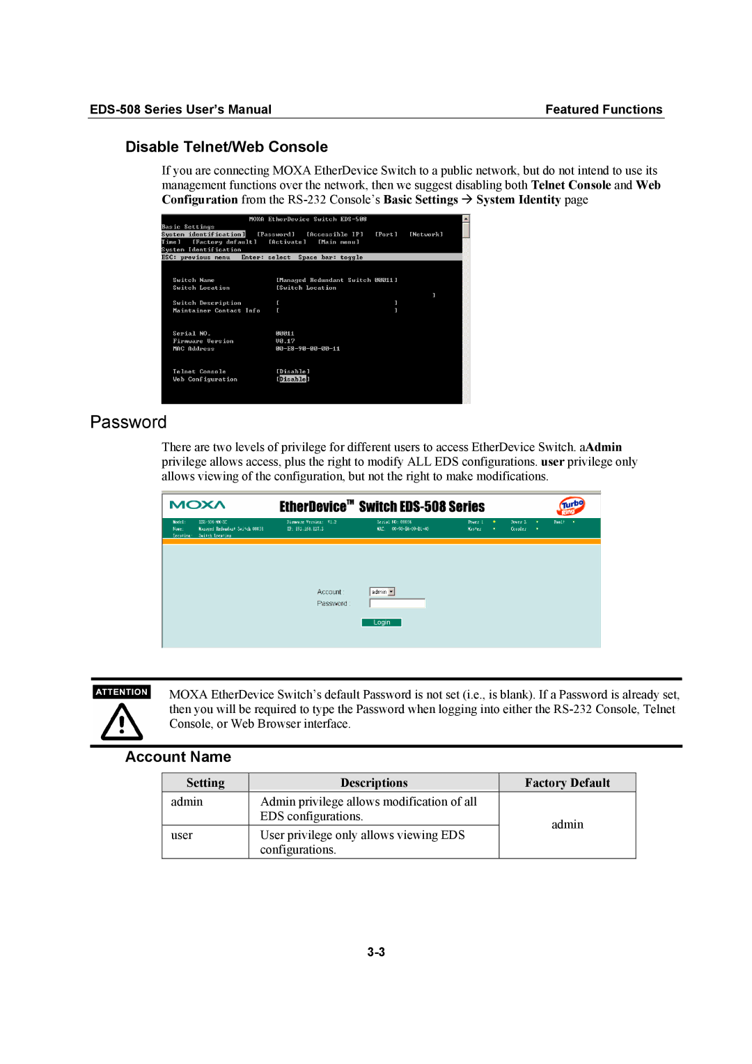 Moxa Technologies EDS-508 Password, Disable Telnet/Web Console, Account Name, Setting Descriptions Factory Default 