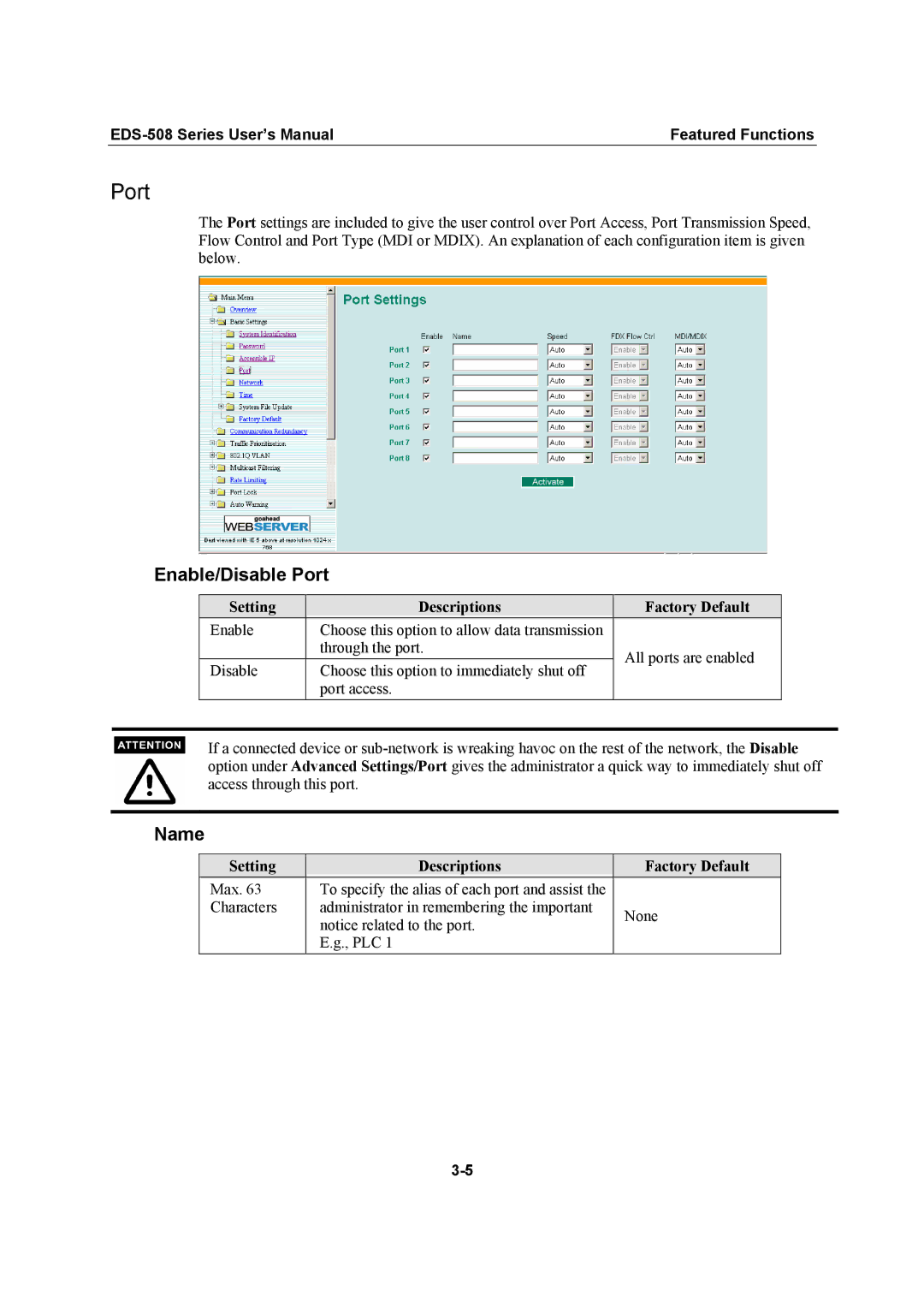 Moxa Technologies EDS-508 user manual Enable/Disable Port, Name 