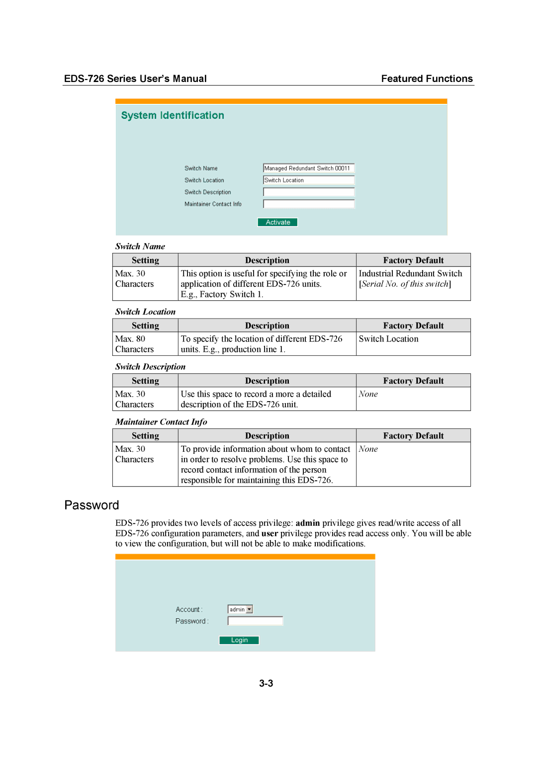 Moxa Technologies EDS-726 user manual Password, Switch Name, Switch Location, Switch Description, Maintainer Contact Info 