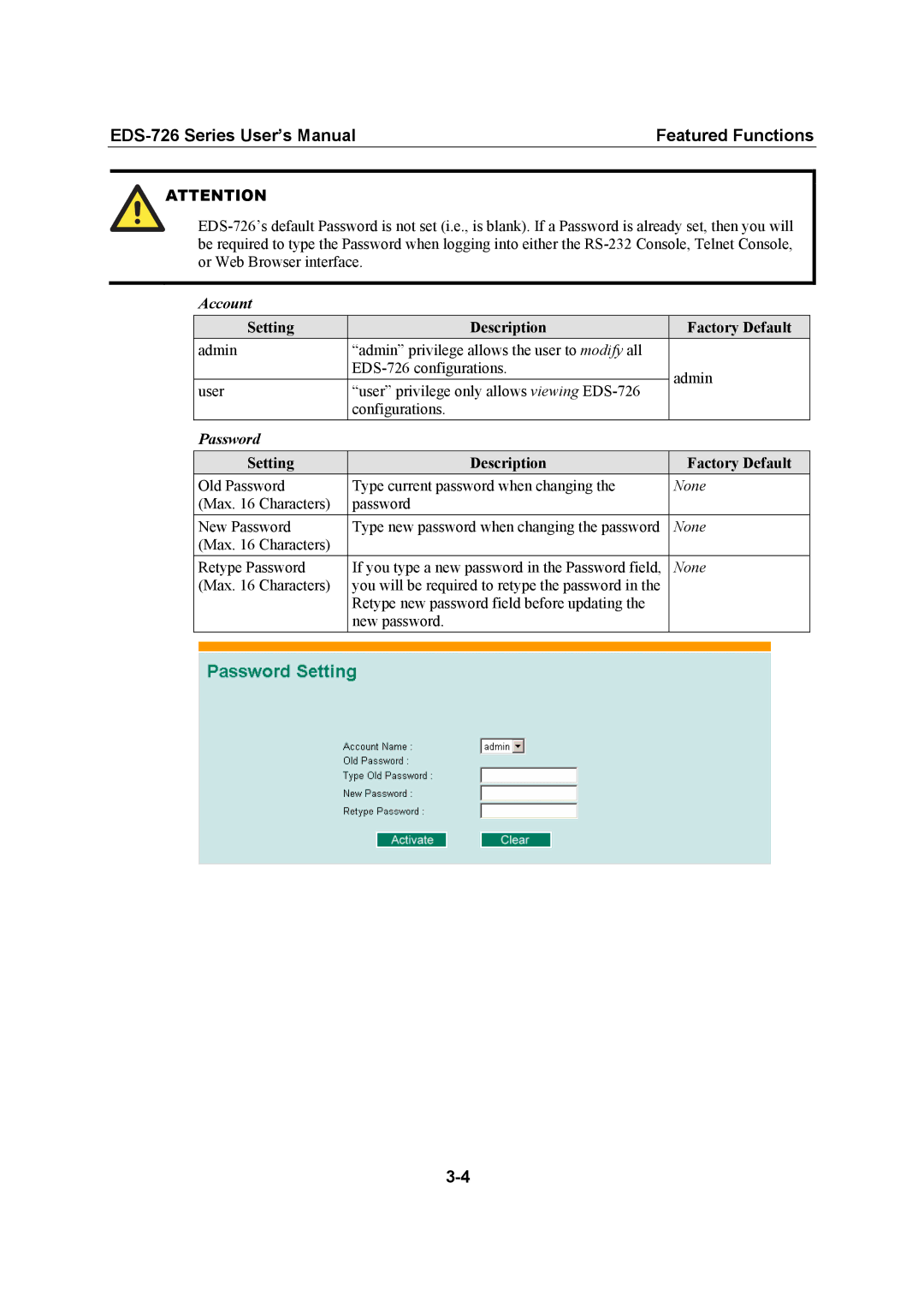 Moxa Technologies EDS-726 user manual Account, Password 