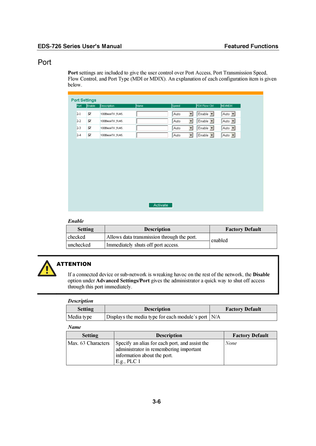 Moxa Technologies EDS-726 user manual Port, Enable, Description, Name 