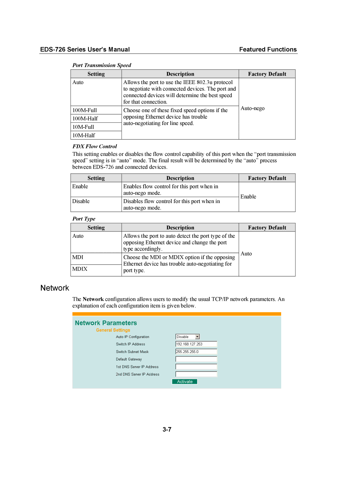 Moxa Technologies EDS-726 user manual Network, Port Transmission Speed, FDX Flow Control, Port Type 