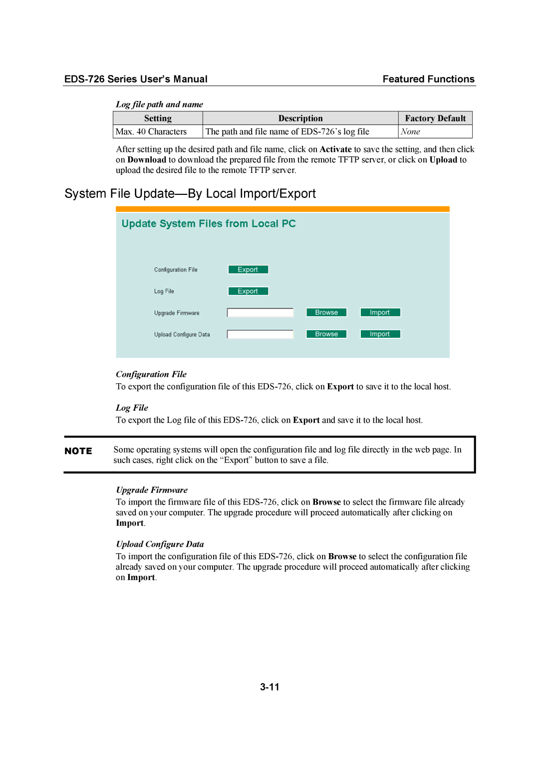 Moxa Technologies EDS-726 user manual System File Update-By Local Import/Export 