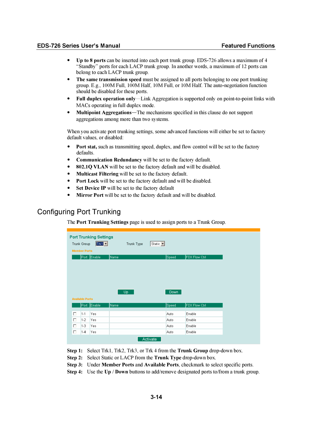 Moxa Technologies EDS-726 user manual Configuring Port Trunking 