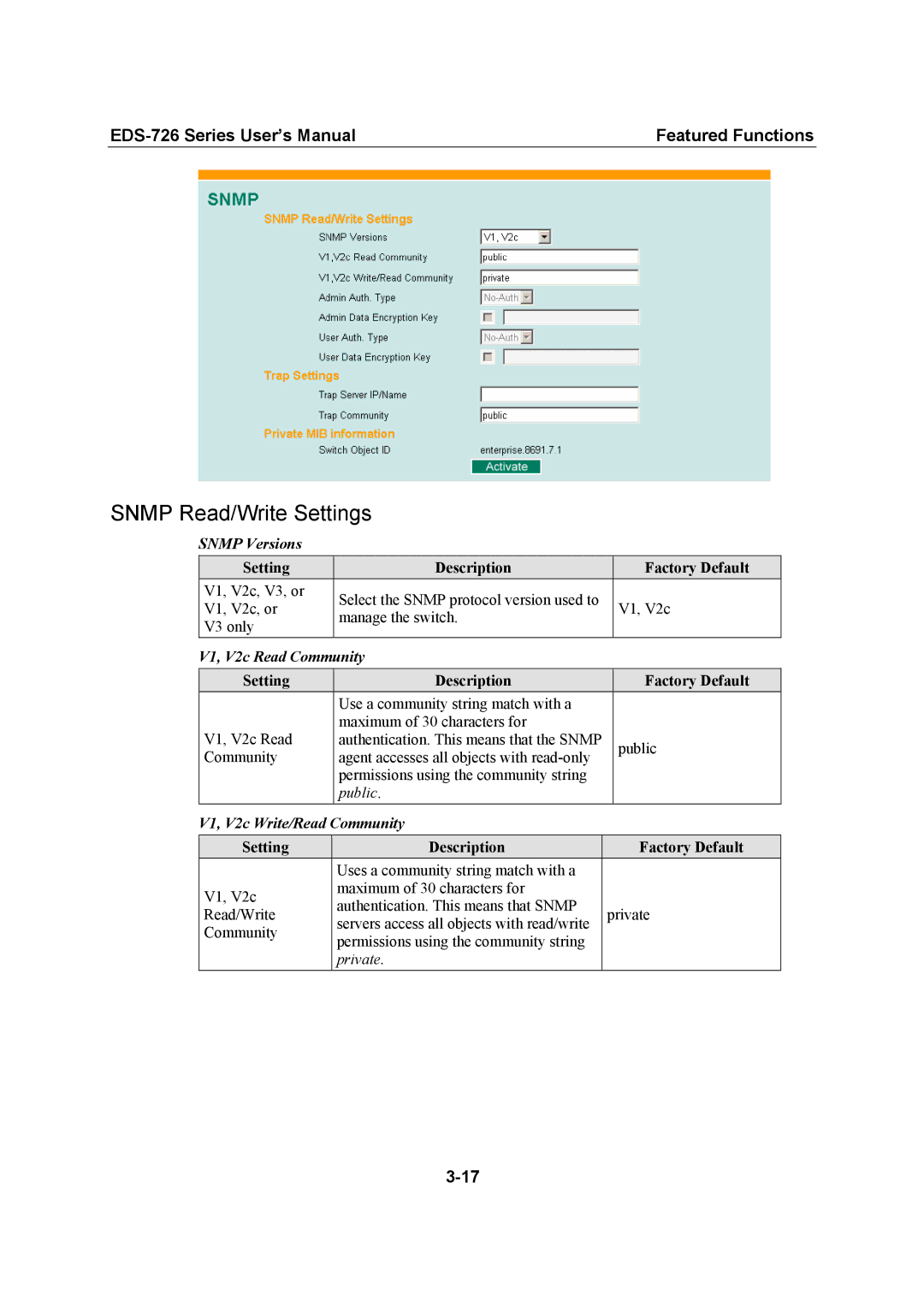 Moxa Technologies EDS-726 Snmp Read/Write Settings, Snmp Versions, V1, V2c Read Community, V1, V2c Write/Read Community 