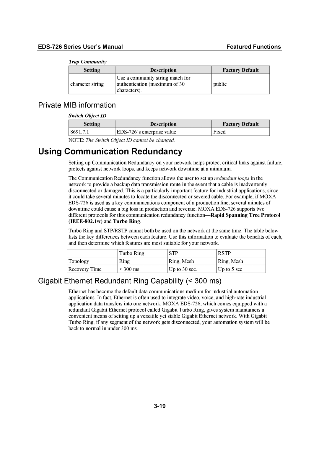 Moxa Technologies EDS-726 Using Communication Redundancy, Private MIB information, Trap Community, Switch Object ID 