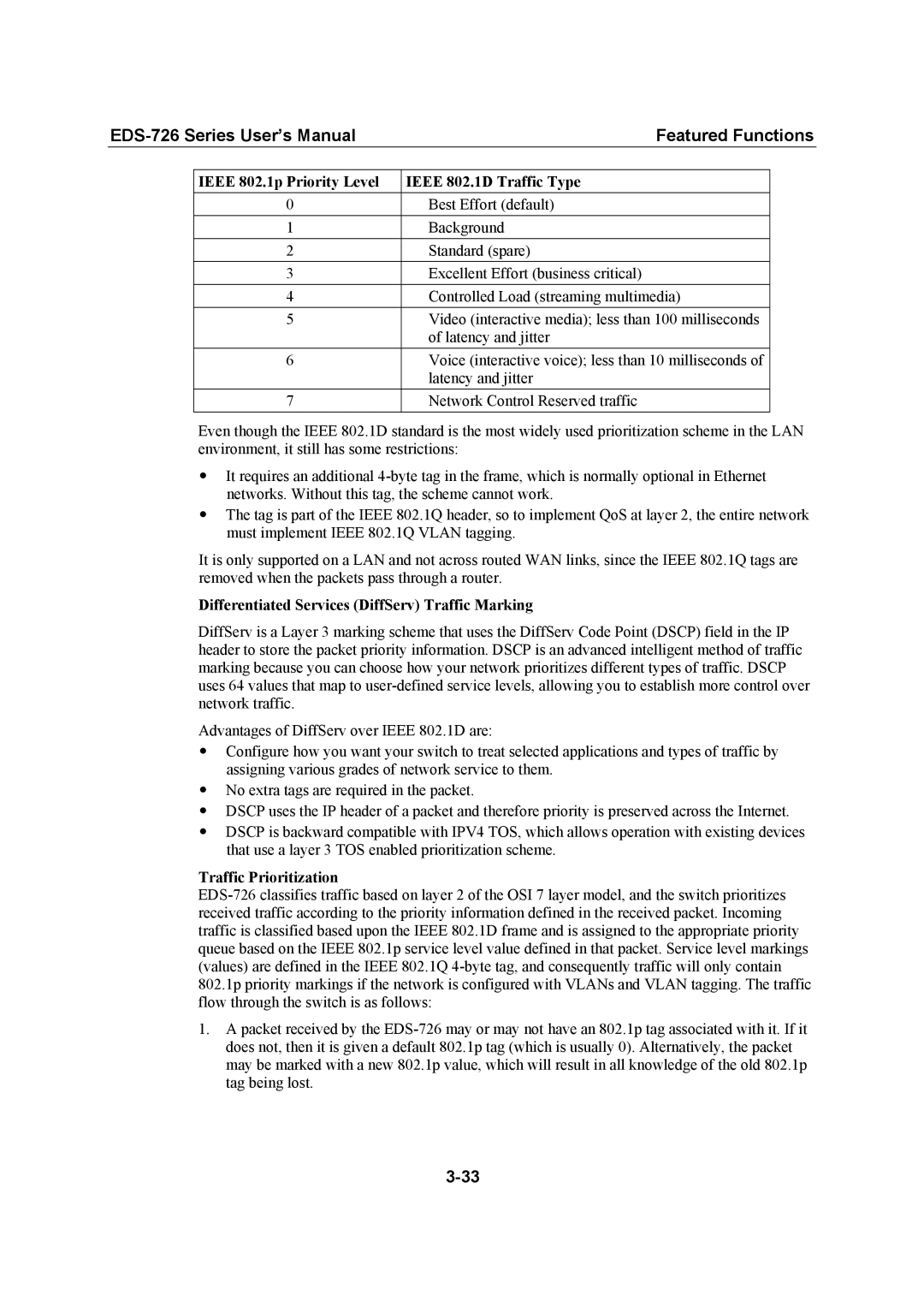 Moxa Technologies EDS-726 user manual Ieee 802.1p Priority Level Ieee 802.1D Traffic Type, Traffic Prioritization 