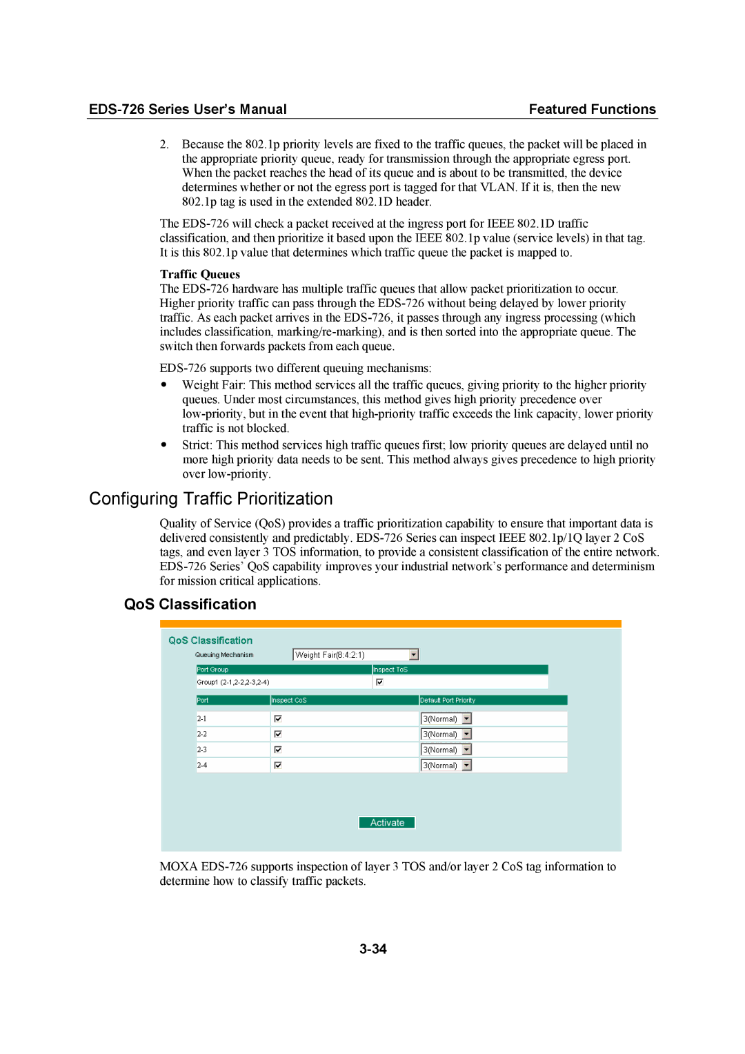 Moxa Technologies EDS-726 user manual Configuring Traffic Prioritization, QoS Classification, Traffic Queues 