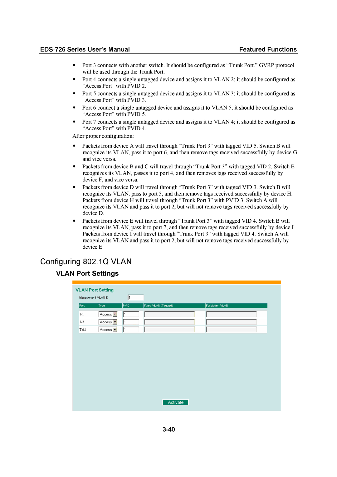 Moxa Technologies EDS-726 user manual Configuring 802.1Q Vlan, Vlan Port Settings 