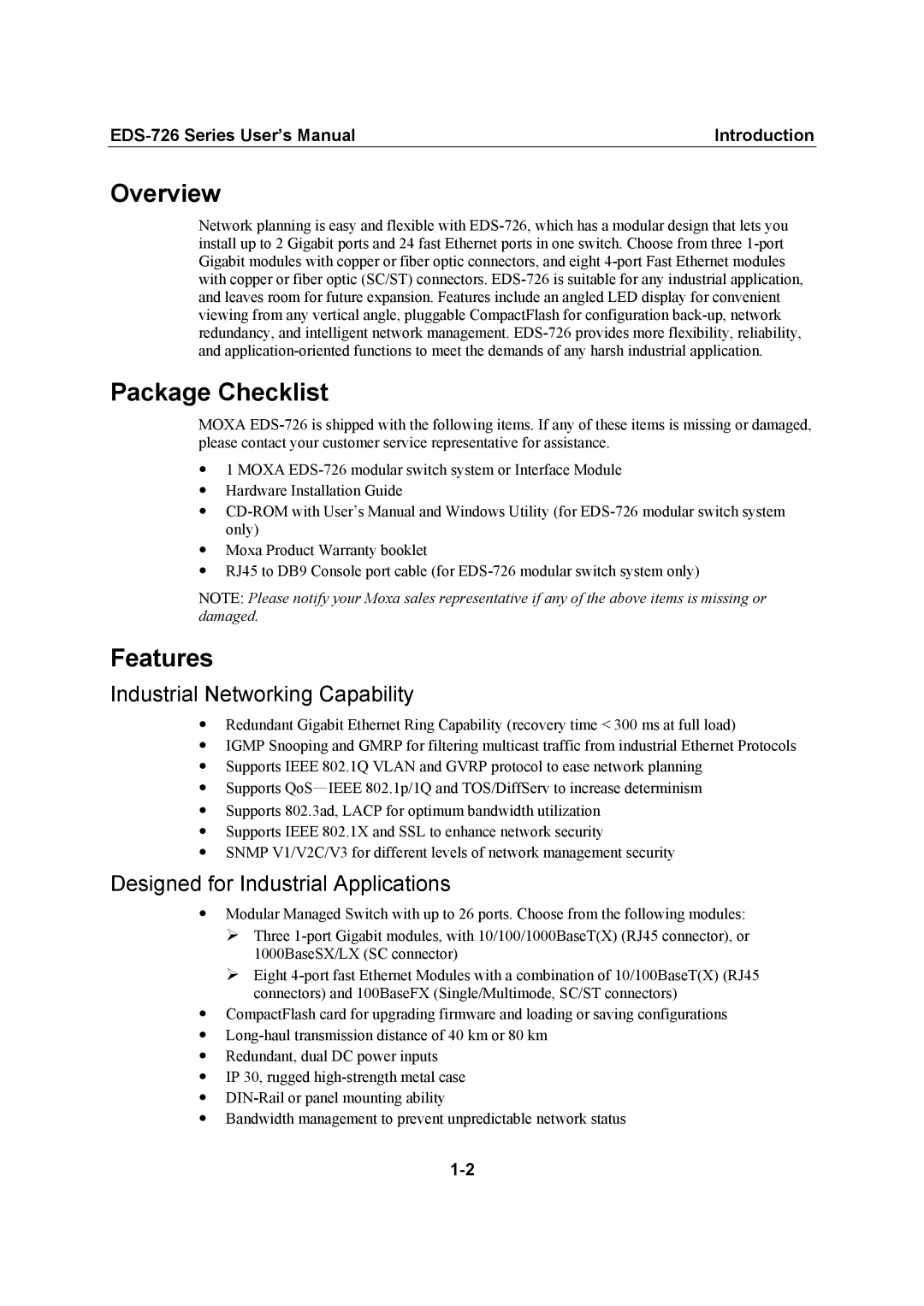 Moxa Technologies EDS-726 user manual Overview, Package Checklist, Features, Industrial Networking Capability 