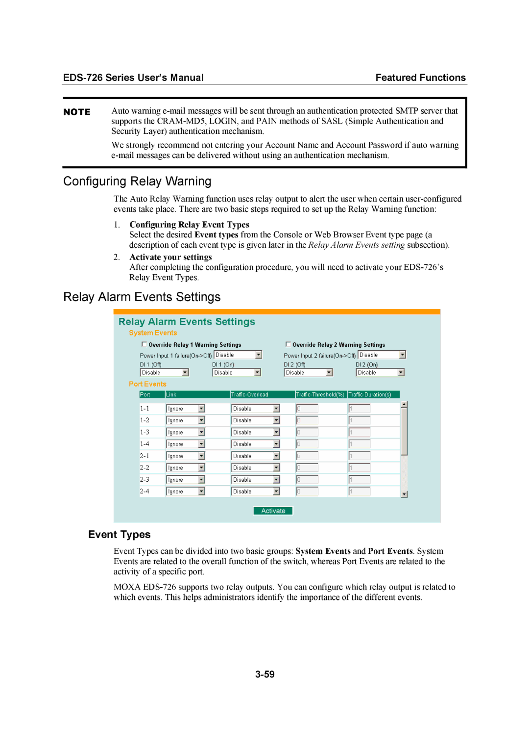 Moxa Technologies EDS-726 user manual Configuring Relay Warning, Relay Alarm Events Settings, Configuring Relay Event Types 