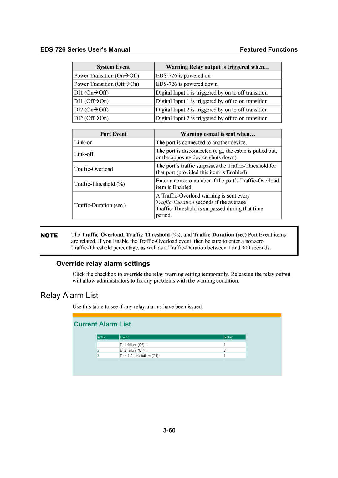 Moxa Technologies EDS-726 user manual Relay Alarm List, Override relay alarm settings 