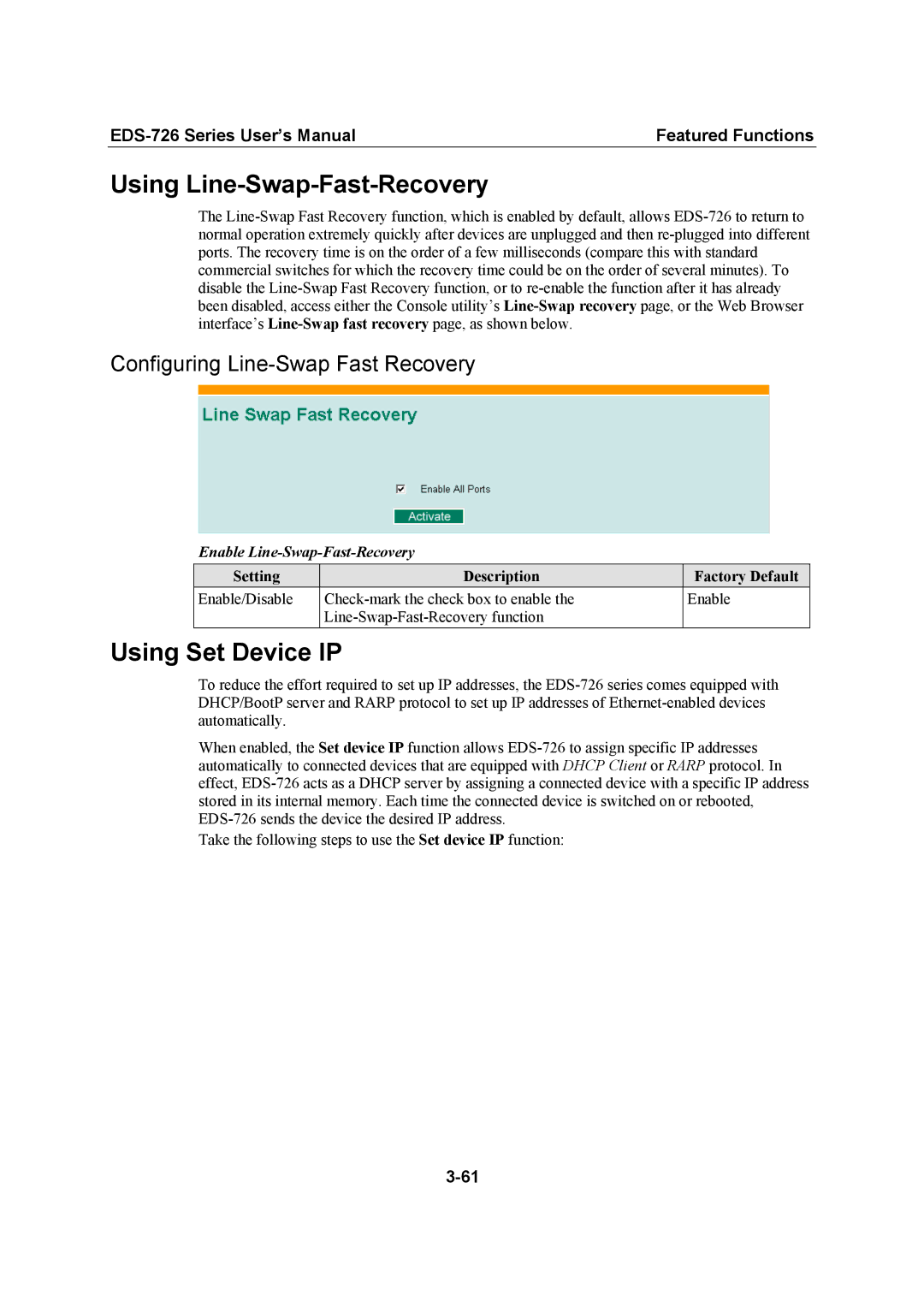 Moxa Technologies EDS-726 Using Line-Swap-Fast-Recovery, Using Set Device IP, Configuring Line-Swap Fast Recovery 