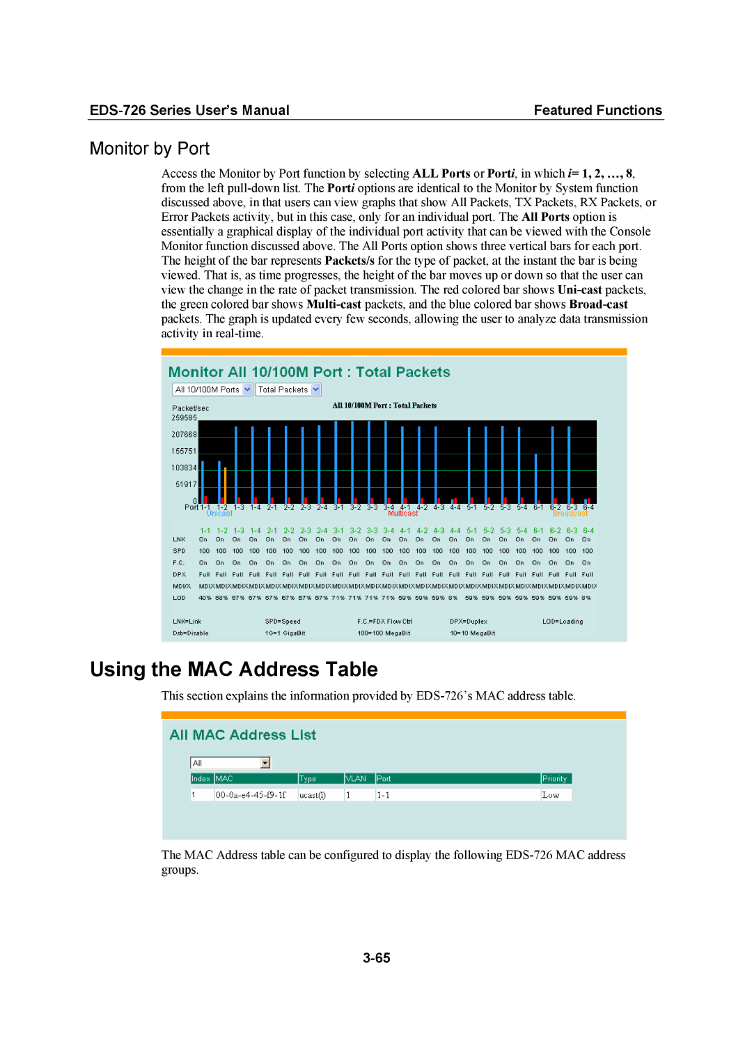 Moxa Technologies EDS-726 user manual Using the MAC Address Table, Monitor by Port 