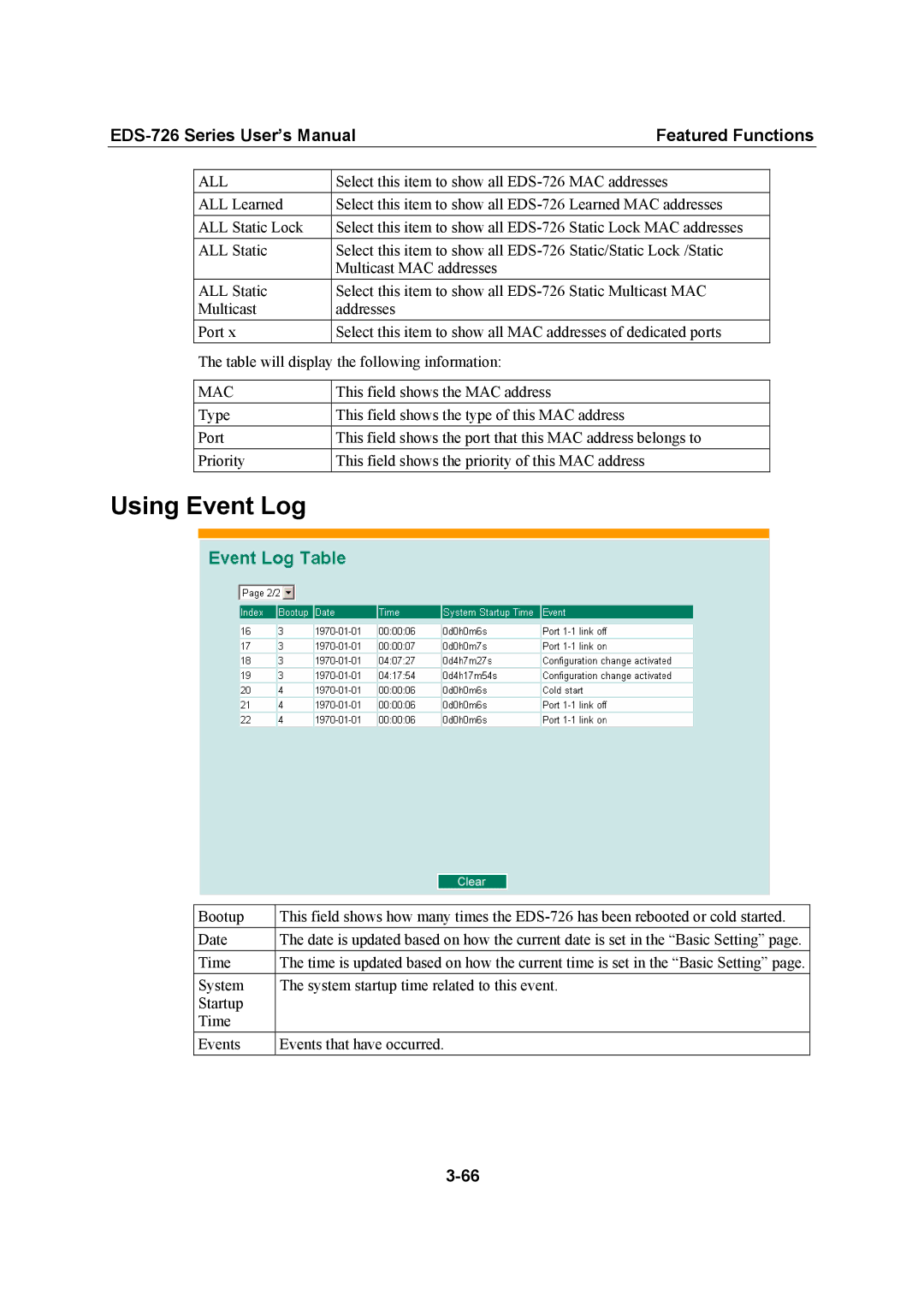 Moxa Technologies EDS-726 user manual Using Event Log, All 