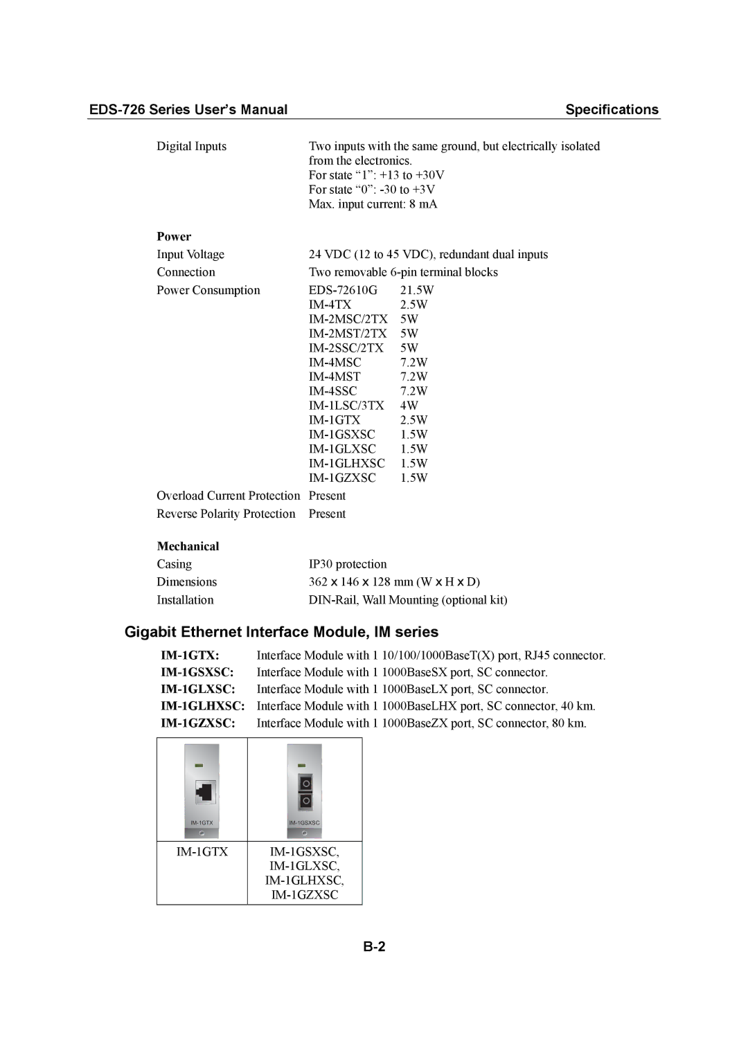 Moxa Technologies EDS-726 user manual Gigabit Ethernet Interface Module, IM series, Power, Mechanical 