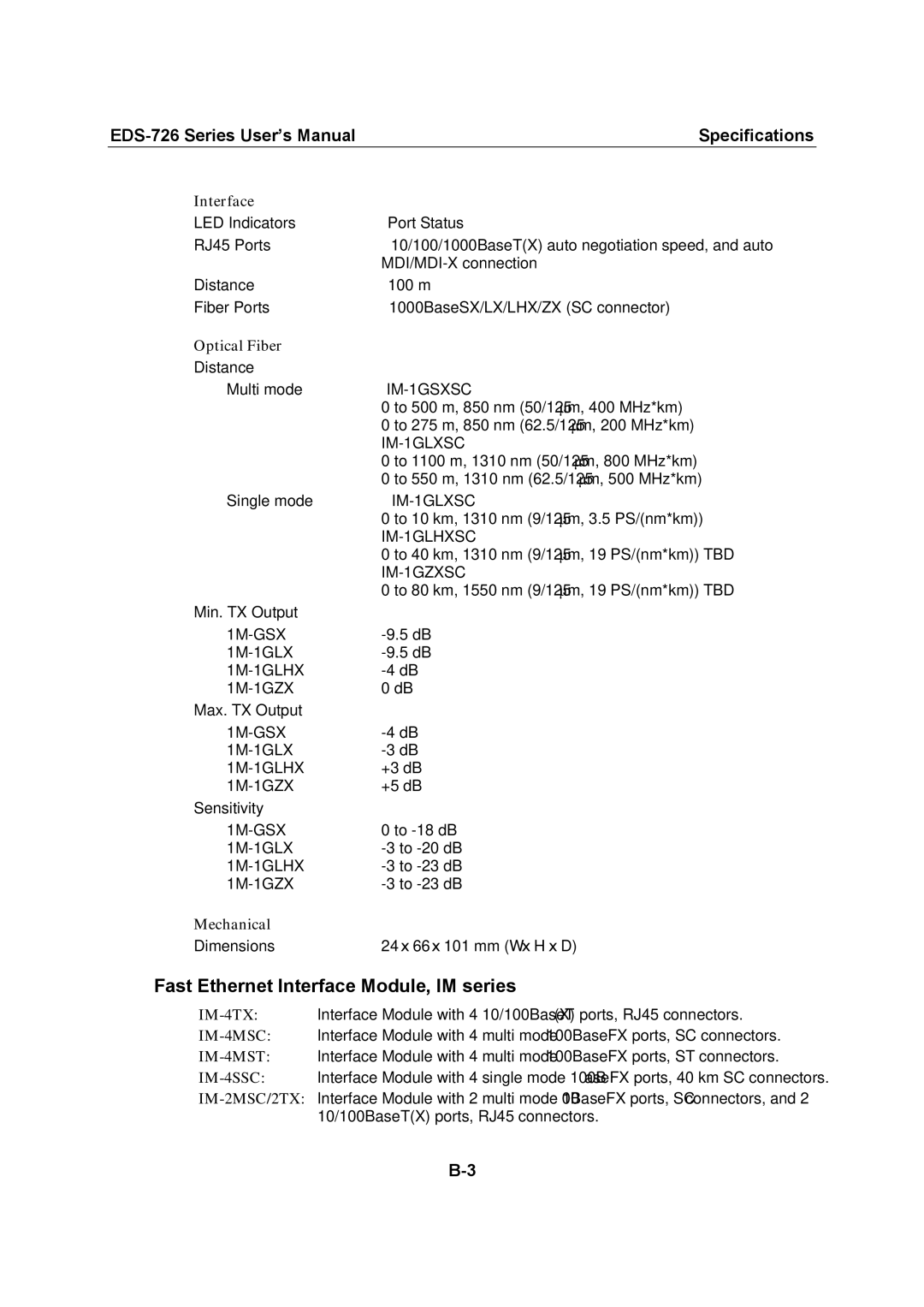 Moxa Technologies EDS-726 user manual Fast Ethernet Interface Module, IM series, Optical Fiber 