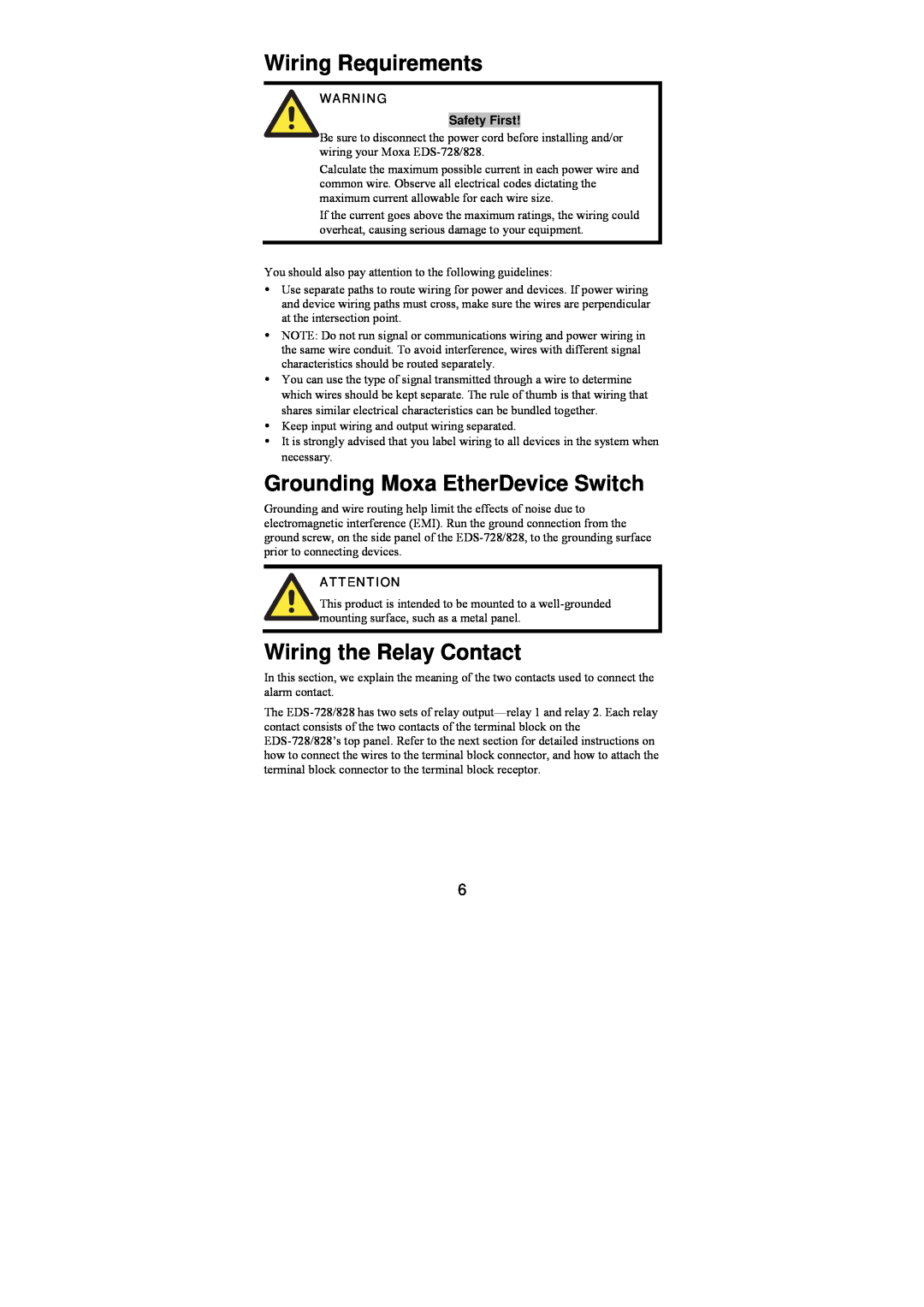 Moxa Technologies EDS-828 Wiring Requirements, Grounding Moxa EtherDevice Switch, Wiring the Relay Contact, Safety First 