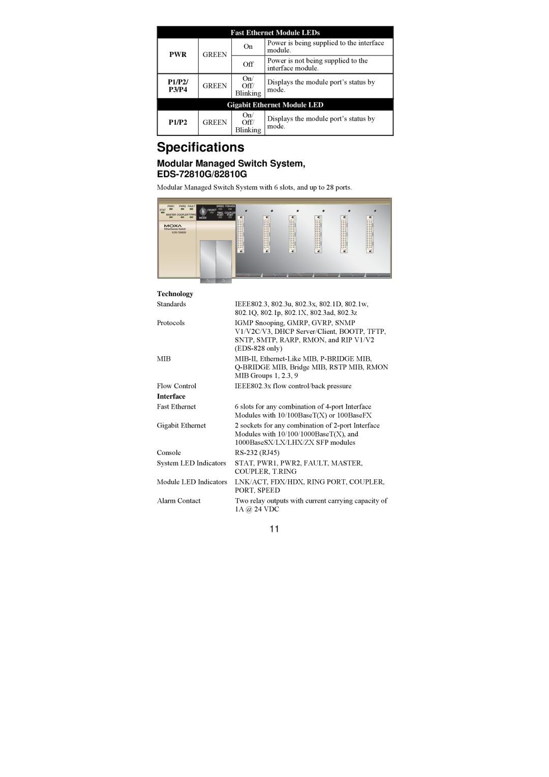 Moxa Technologies EDS-728/828 Specifications, Modular Managed Switch System EDS-72810G/82810G, Pwr, Technology, Interface 