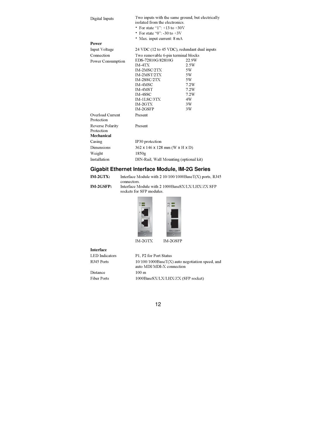 Moxa Technologies EDS-828, EDS-728/828 manual Gigabit Ethernet Interface Module, IM-2G Series, Power, Mechanical 