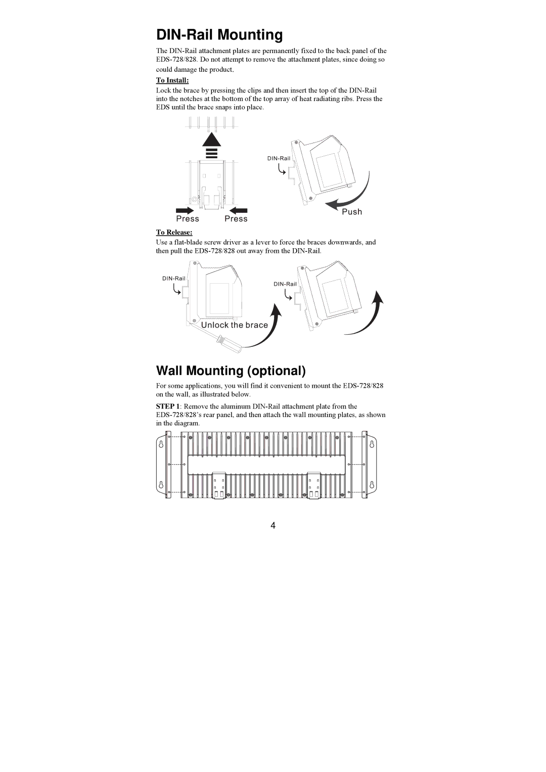 Moxa Technologies EDS-828, EDS-728/828 manual Wall Mounting optional, To Install, To Release 