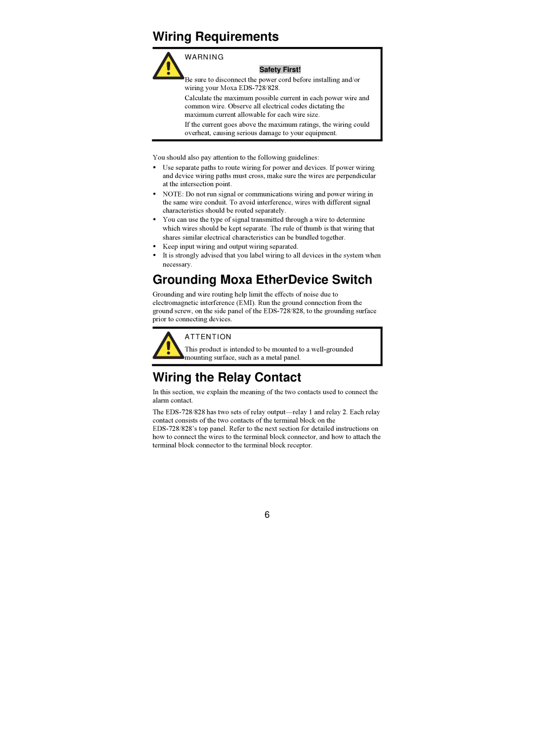 Moxa Technologies EDS-828, EDS-728/828 Wiring Requirements, Grounding Moxa EtherDevice Switch, Wiring the Relay Contact 