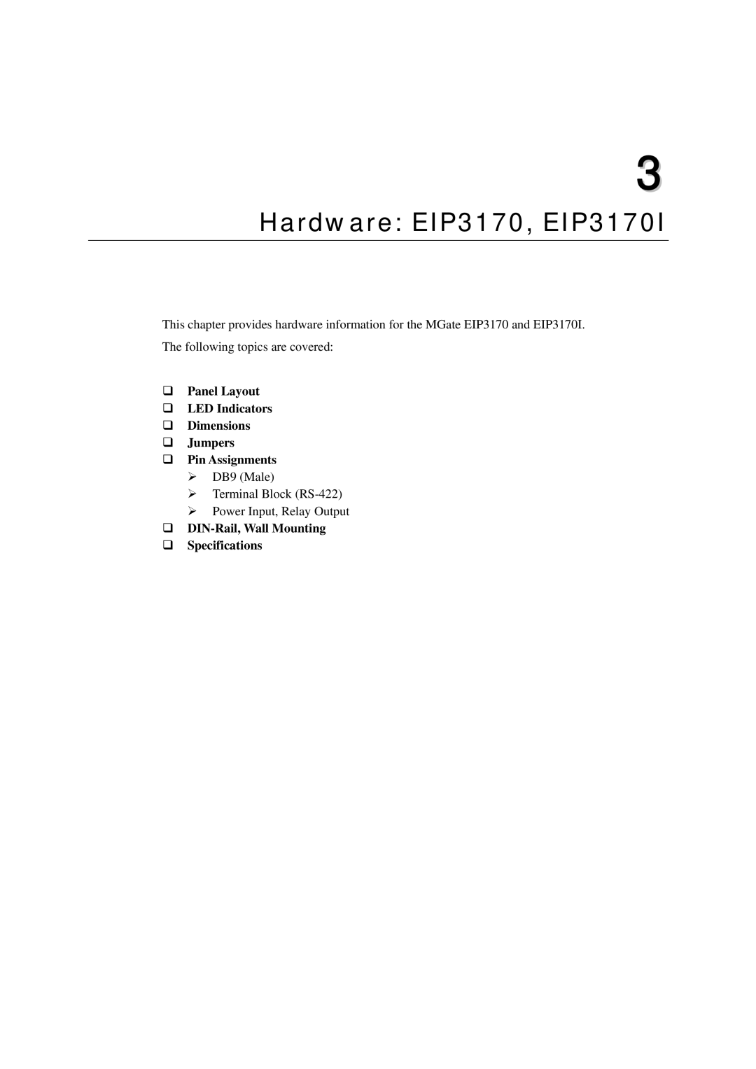 Moxa Technologies EIP3000 DF1 user manual Hardware EIP3170, EIP3170I, ‰ DIN-Rail, Wall Mounting ‰ Specifications 