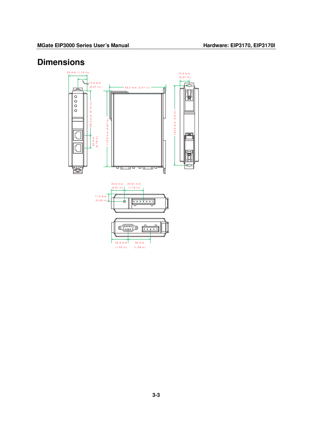 Moxa Technologies EIP3000 DF1 user manual Dimensions 