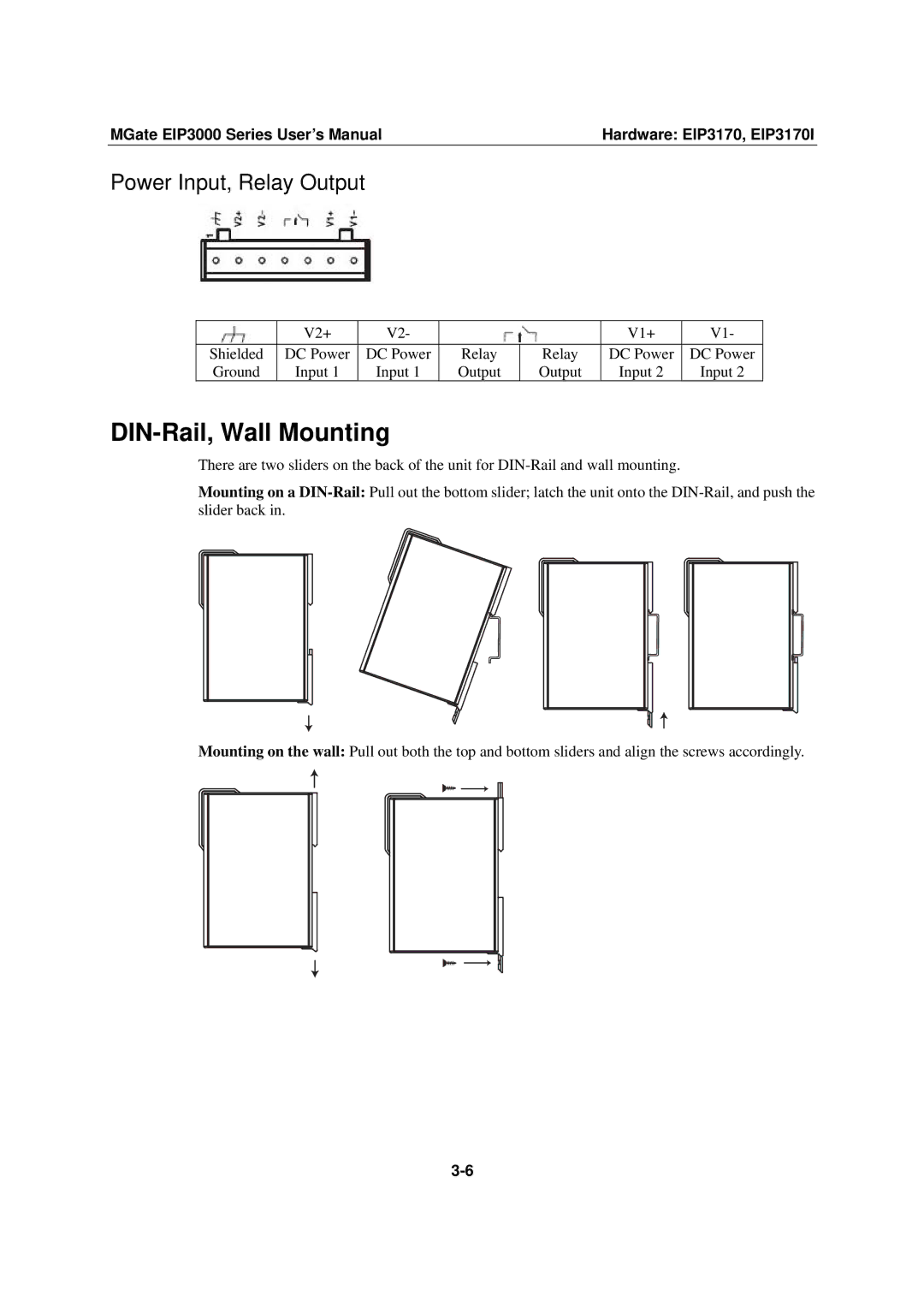 Moxa Technologies EIP3000 DF1 user manual DIN-Rail, Wall Mounting, Power Input, Relay Output 