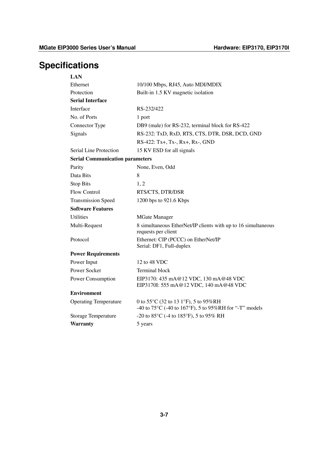 Moxa Technologies EIP3000 DF1 user manual Specifications 