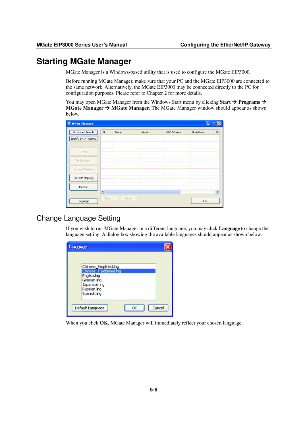 Moxa Technologies EIP3000 DF1 user manual Starting MGate Manager, Change Language Setting 