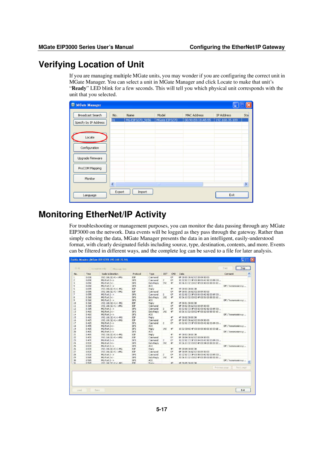 Moxa Technologies EIP3000 DF1 user manual Verifying Location of Unit, Monitoring EtherNet/IP Activity 