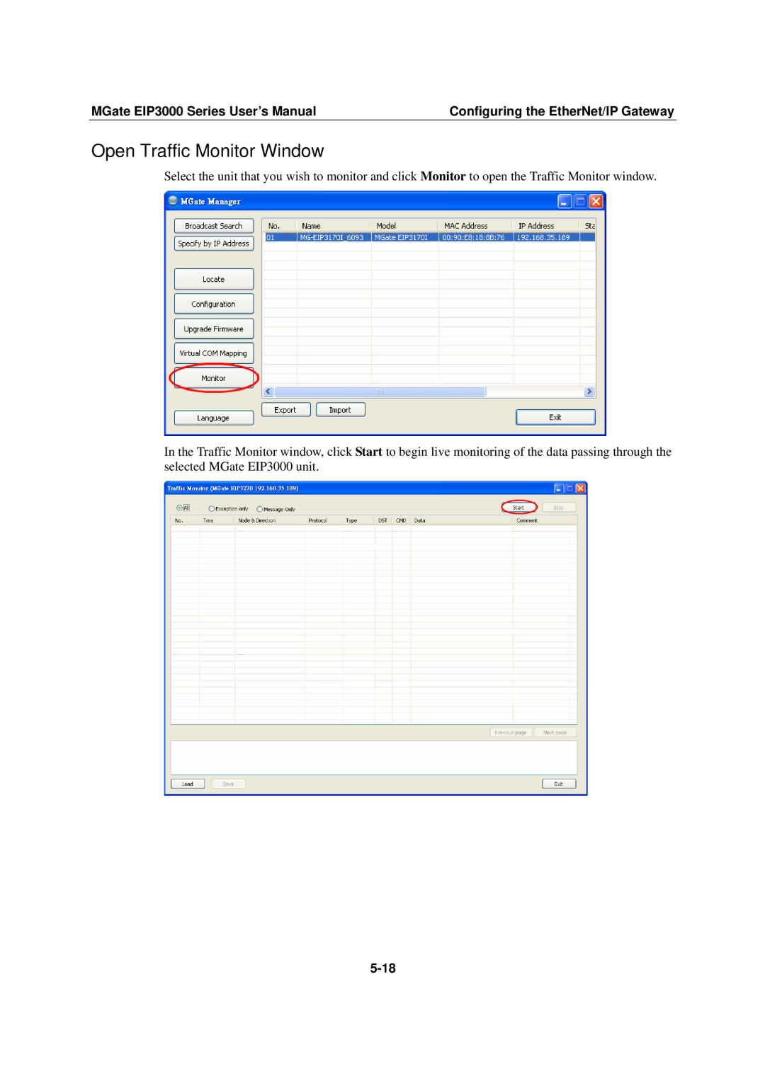 Moxa Technologies EIP3000 DF1 user manual Open Traffic Monitor Window 