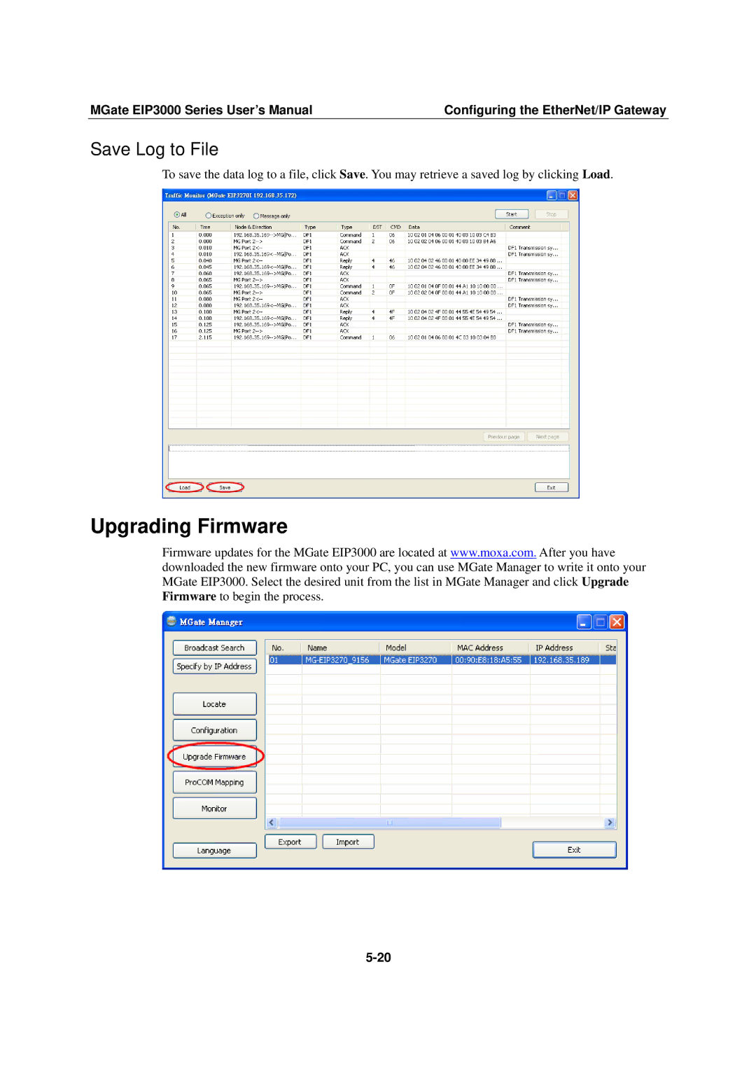 Moxa Technologies EIP3000 DF1 user manual Upgrading Firmware, Save Log to File 