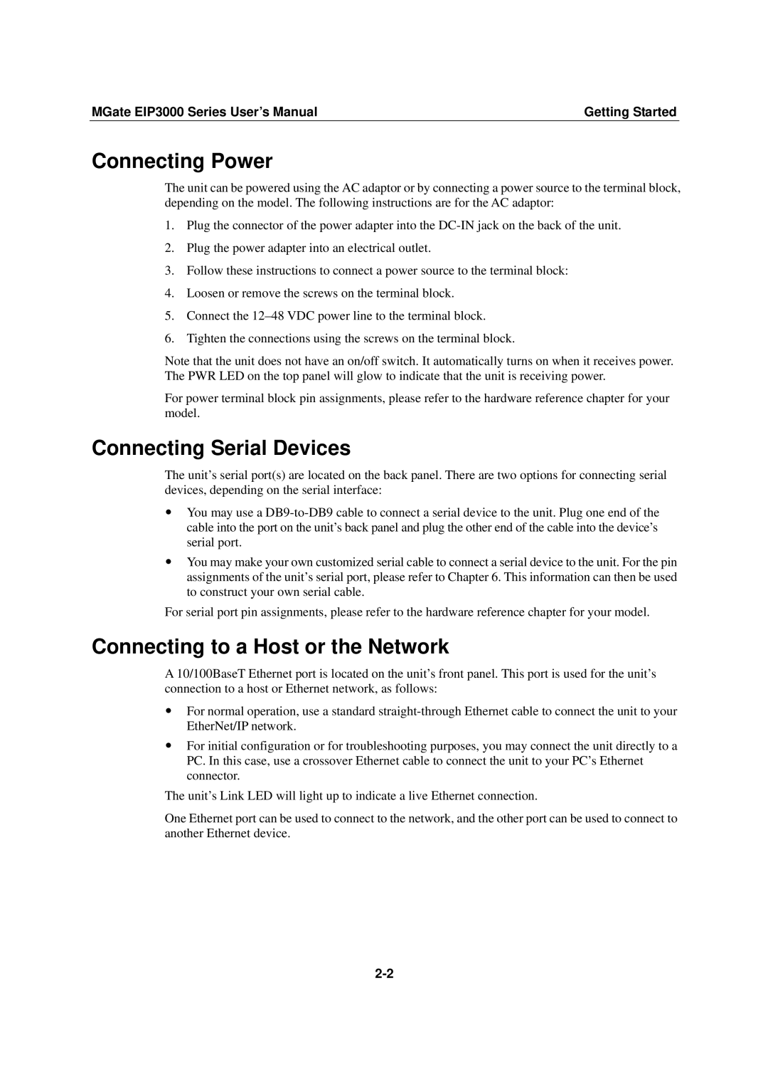 Moxa Technologies EIP3000 DF1 user manual Connecting Power, Connecting Serial Devices, Connecting to a Host or the Network 