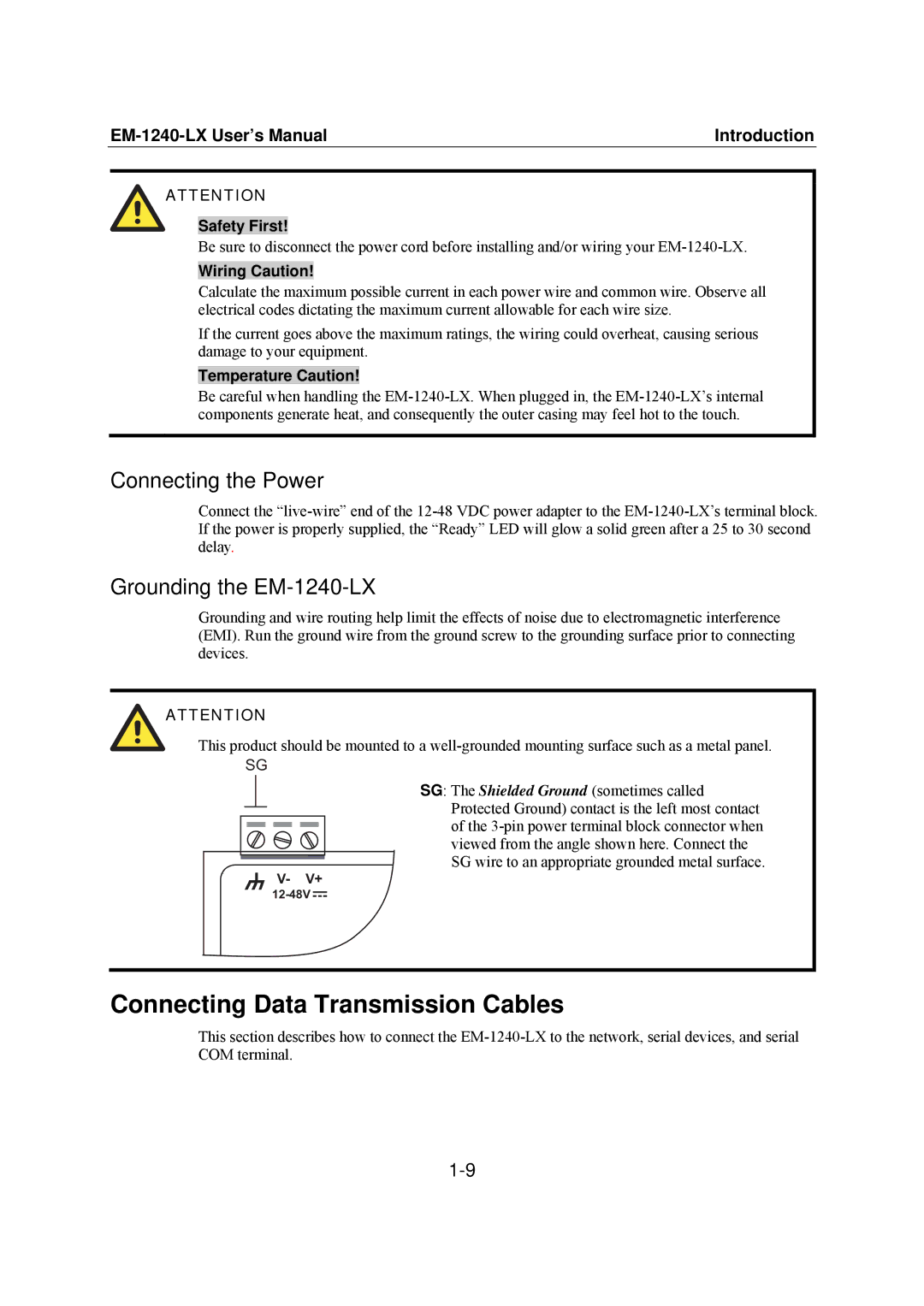 Moxa Technologies user manual Connecting Data Transmission Cables, Connecting the Power, Grounding the EM-1240-LX 