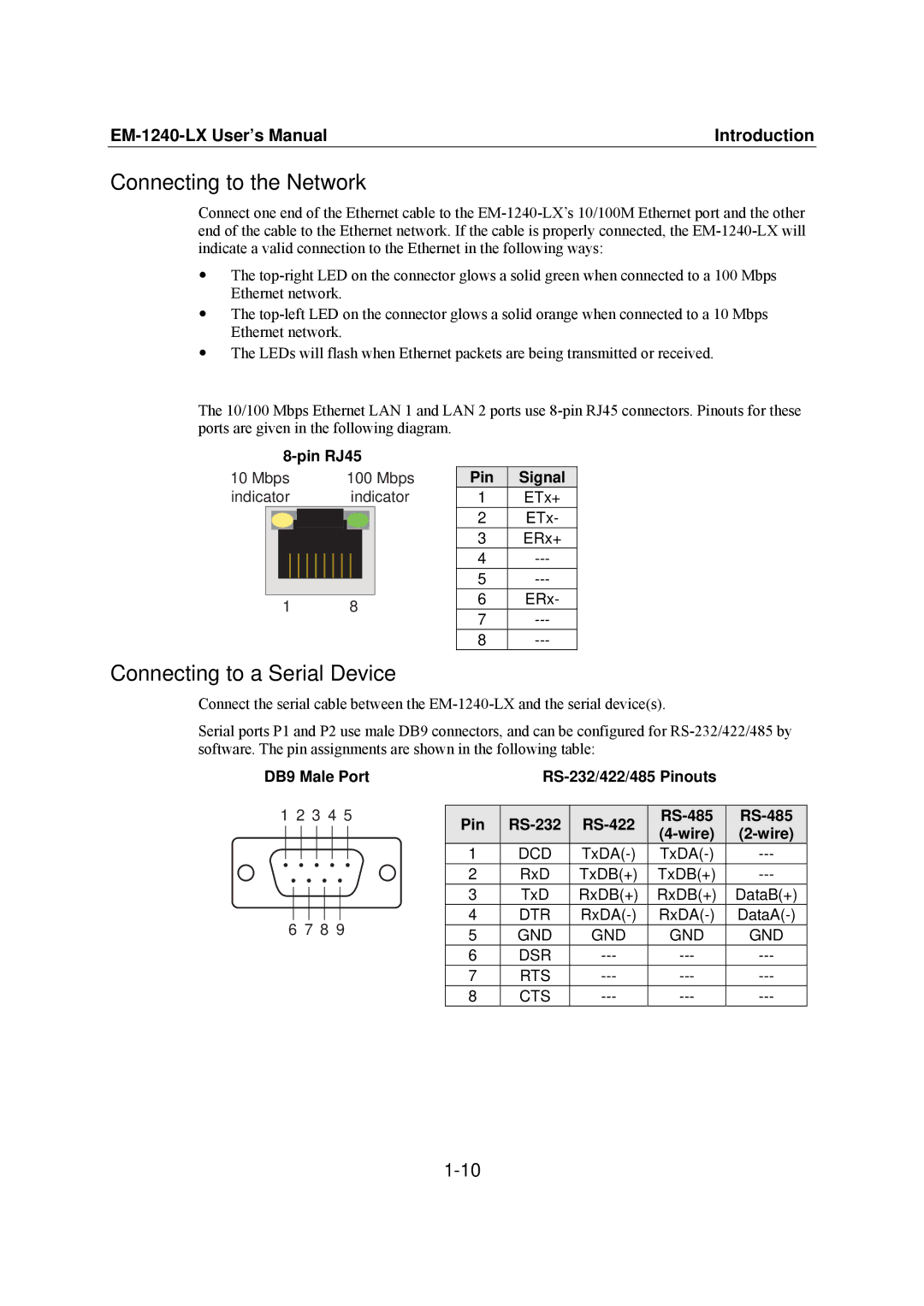 Moxa Technologies EM-1240-LX user manual Connecting to the Network, Connecting to a Serial Device 