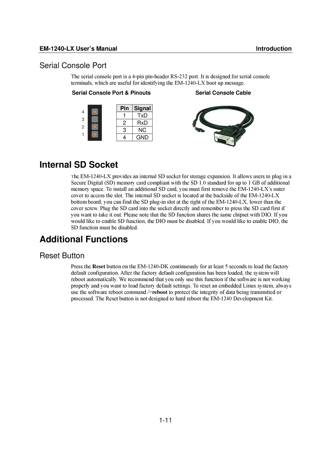 Moxa Technologies EM-1240-LX user manual Internal SD Socket, Additional Functions, Serial Console Port, Reset Button 