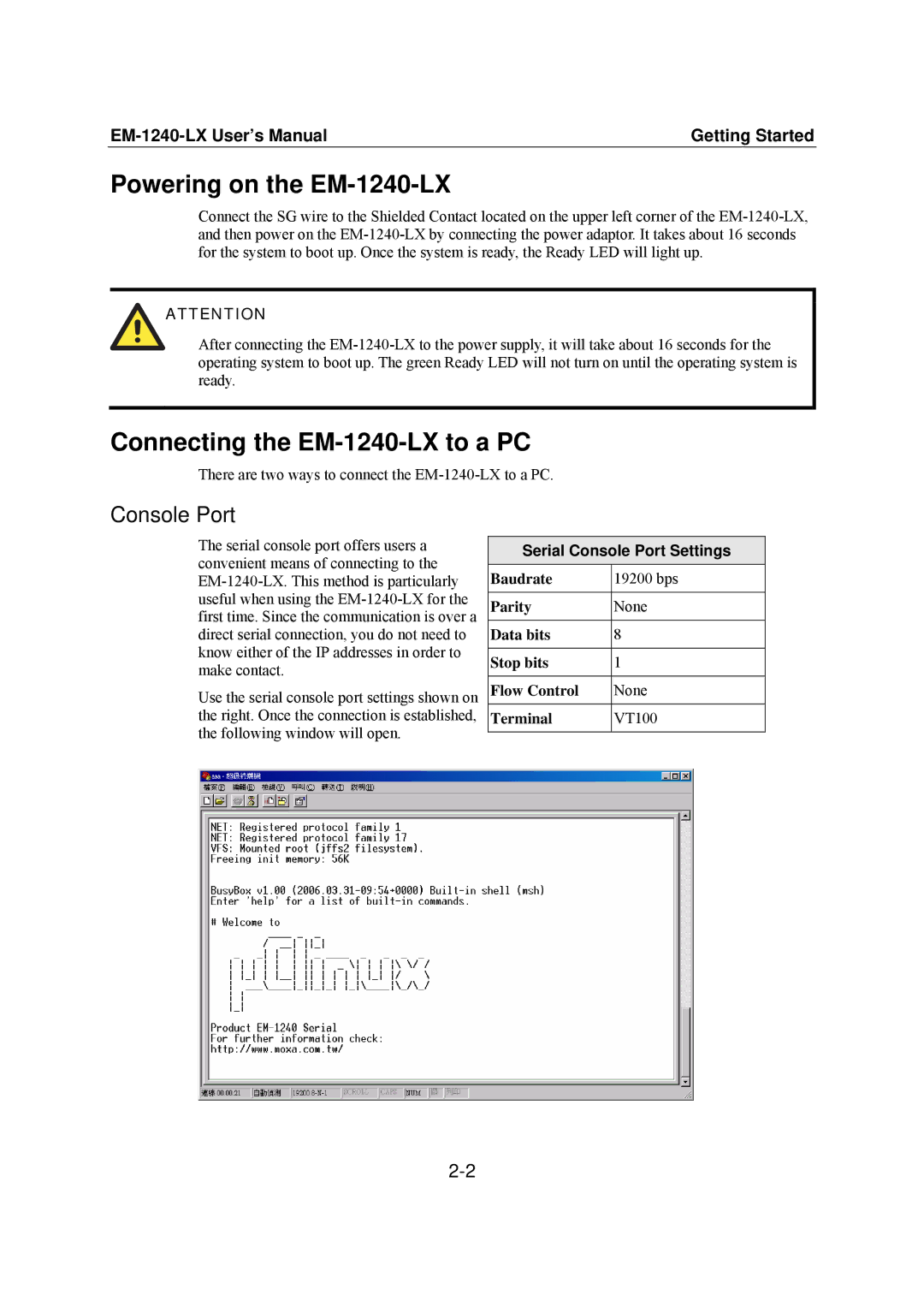 Moxa Technologies user manual Powering on the EM-1240-LX, Connecting the EM-1240-LX to a PC, Console Port 