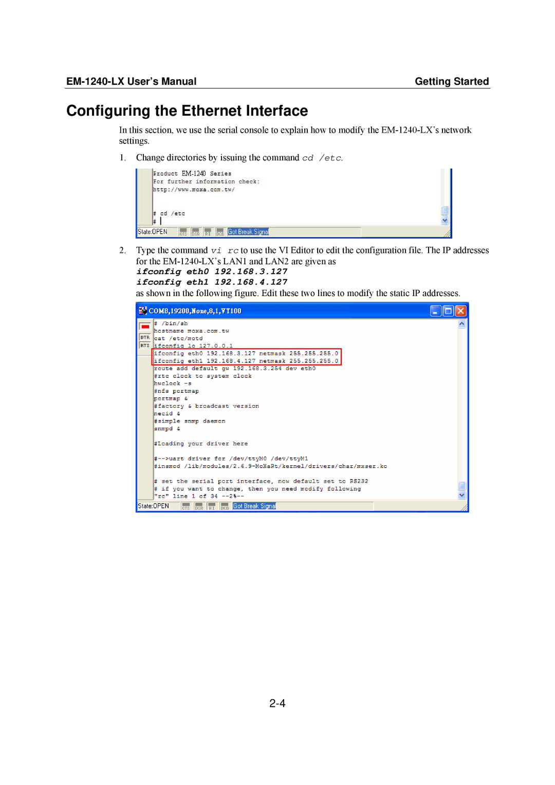 Moxa Technologies EM-1240-LX user manual Configuring the Ethernet Interface 