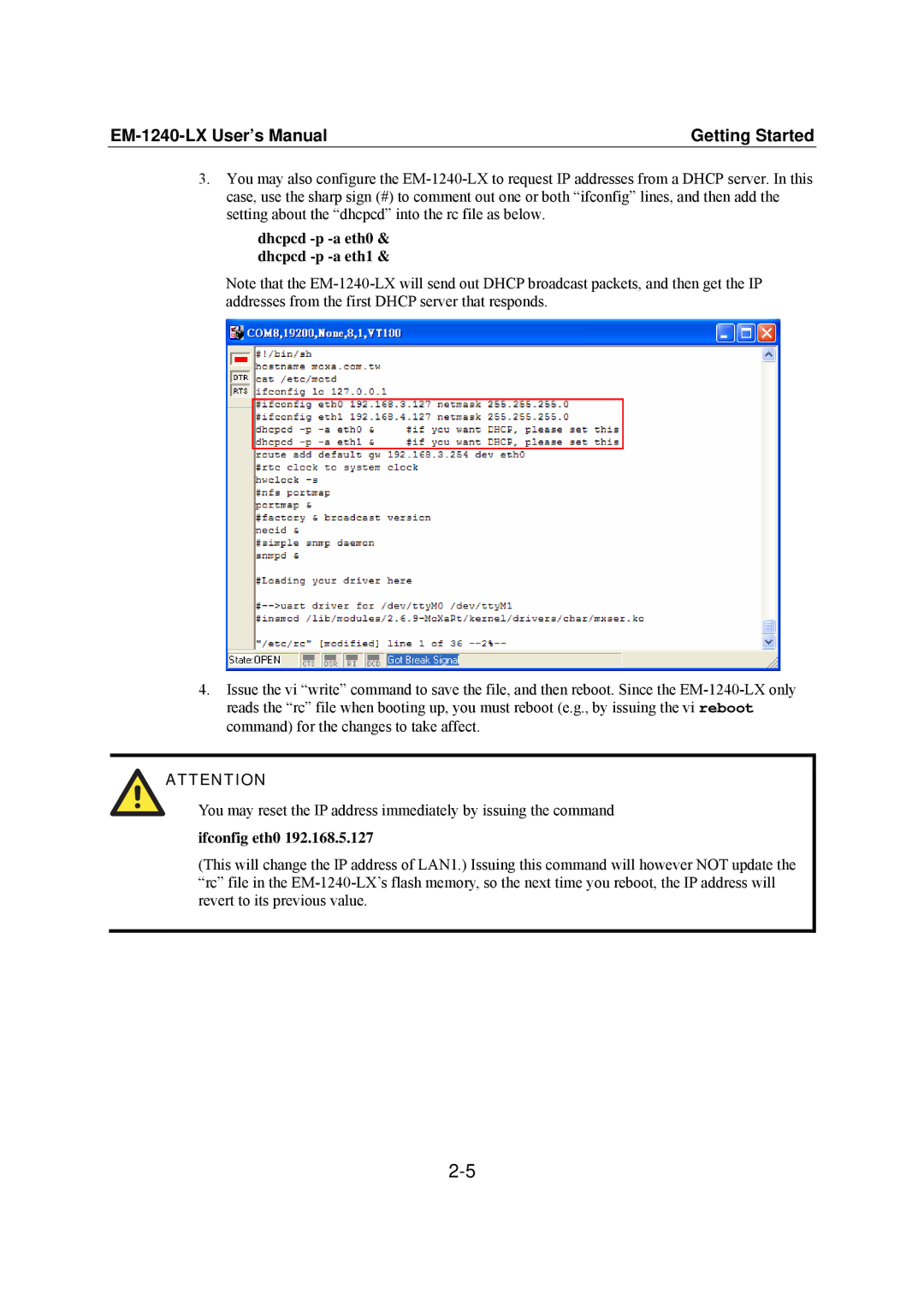 Moxa Technologies EM-1240-LX user manual Dhcpcd -p -a eth0 & dhcpcd -p -a eth1, Ifconfig eth0 