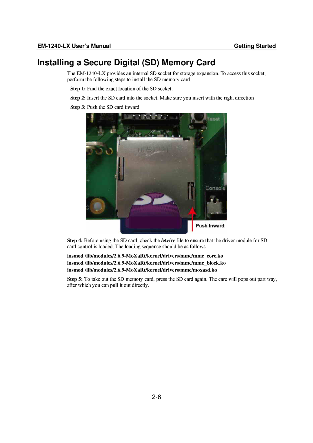 Moxa Technologies EM-1240-LX user manual Installing a Secure Digital SD Memory Card 