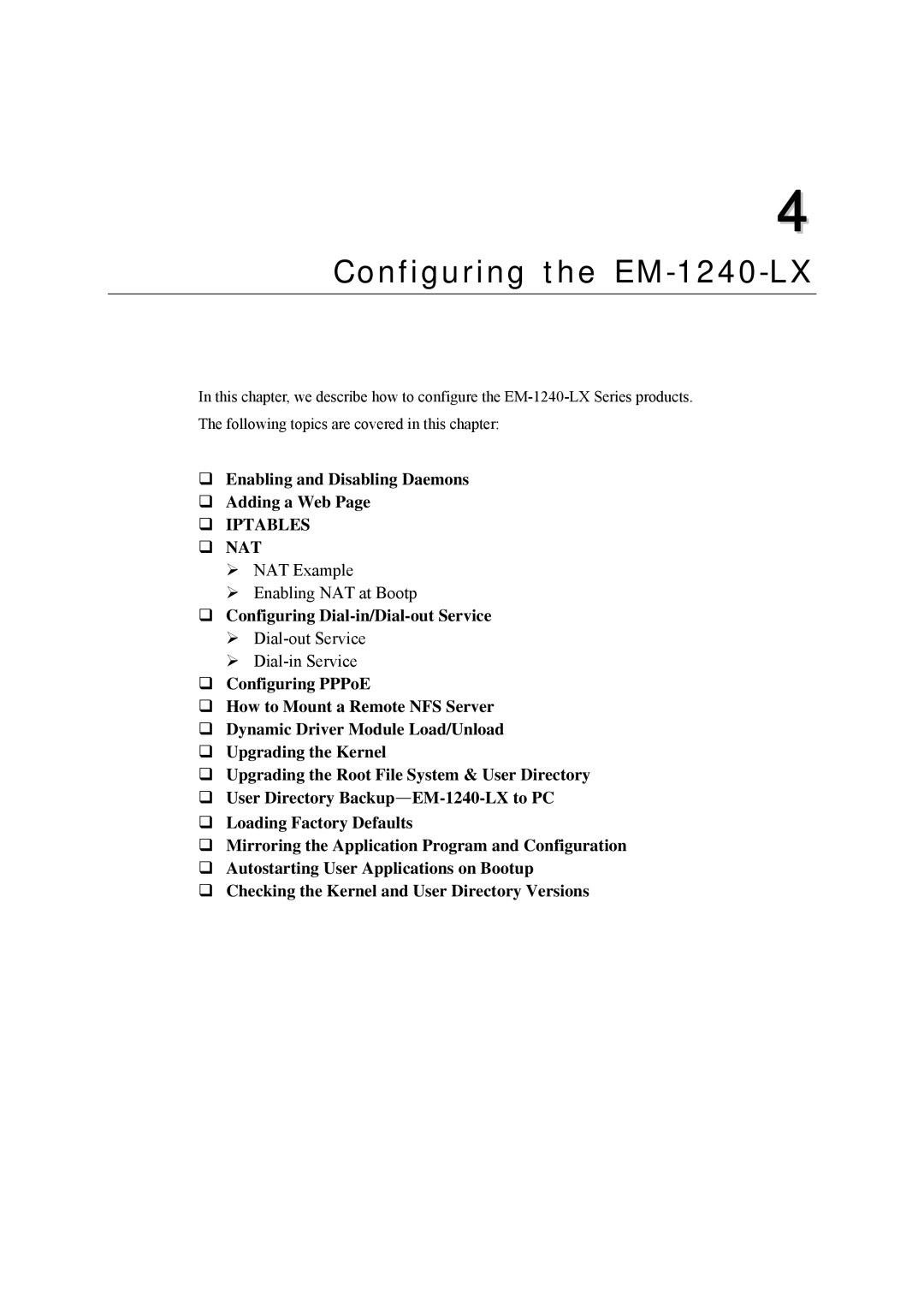 Moxa Technologies user manual Configuring the EM-1240-LX, ‰ Iptables ‰ NAT 