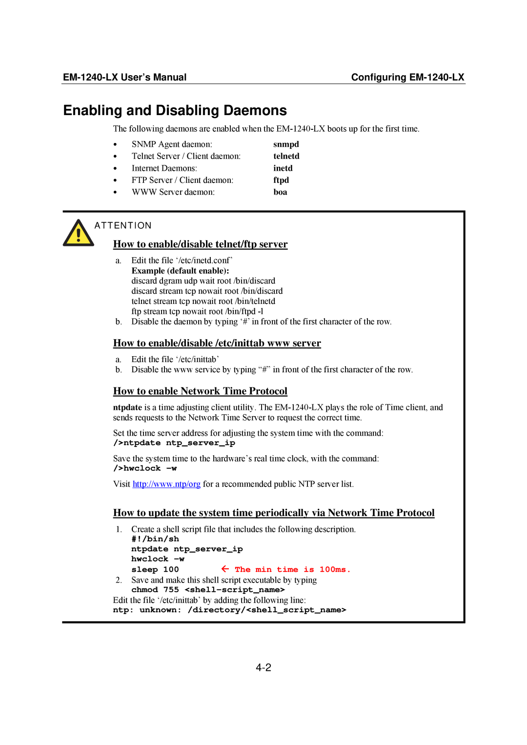 Moxa Technologies EM-1240-LX user manual Enabling and Disabling Daemons, Example default enable 