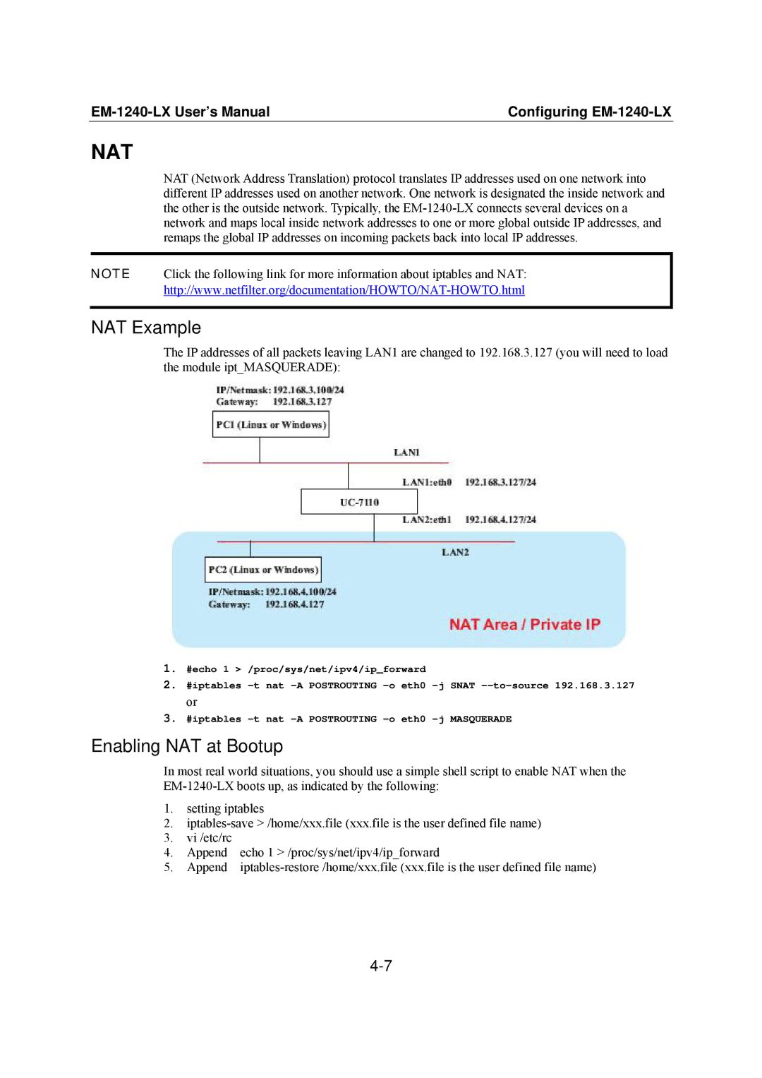 Moxa Technologies EM-1240-LX user manual NAT Example, Enabling NAT at Bootup 