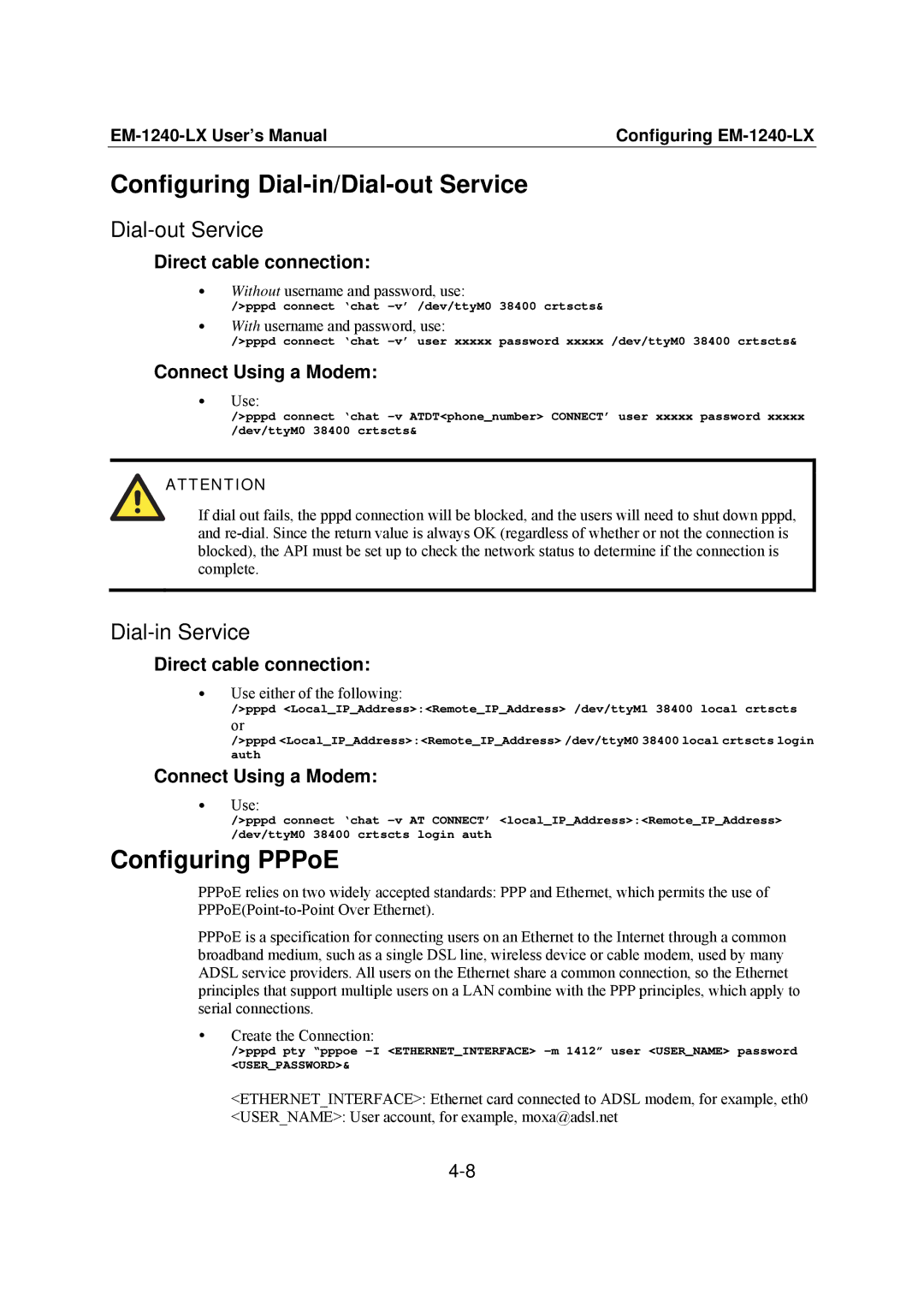 Moxa Technologies EM-1240-LX user manual Configuring Dial-in/Dial-out Service, Configuring PPPoE, Dial-in Service 