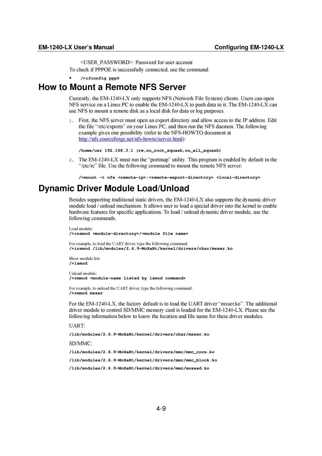 Moxa Technologies EM-1240-LX user manual How to Mount a Remote NFS Server, Dynamic Driver Module Load/Unload 