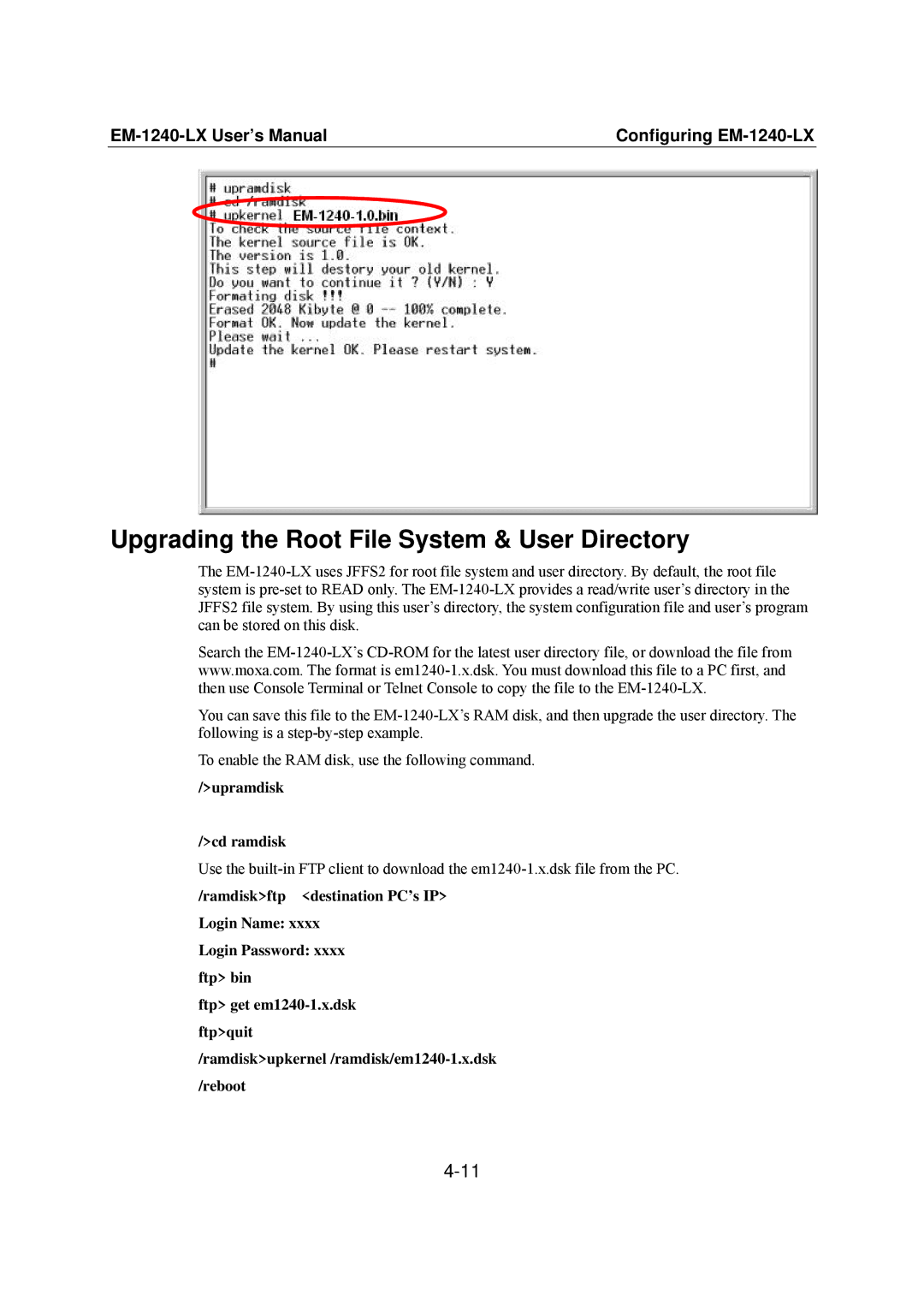 Moxa Technologies EM-1240-LX user manual Upgrading the Root File System & User Directory, Upramdisk Cd ramdisk 