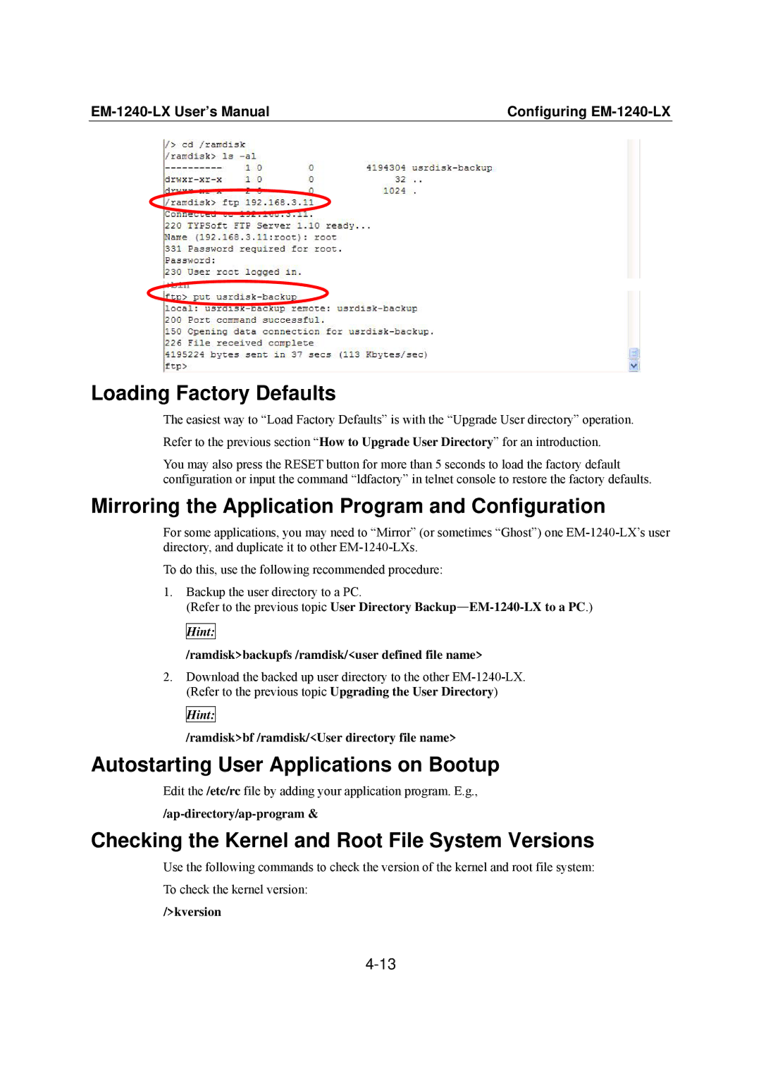 Moxa Technologies EM-1240-LX user manual Loading Factory Defaults, Mirroring the Application Program and Configuration 