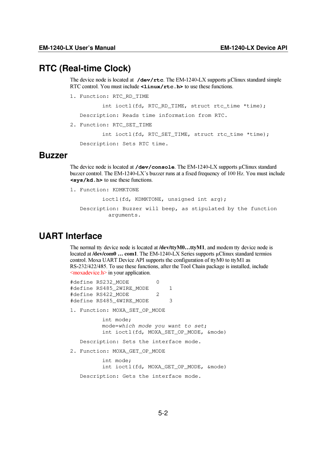 Moxa Technologies EM-1240-LX user manual RTC Real-time Clock, Buzzer, Uart Interface 